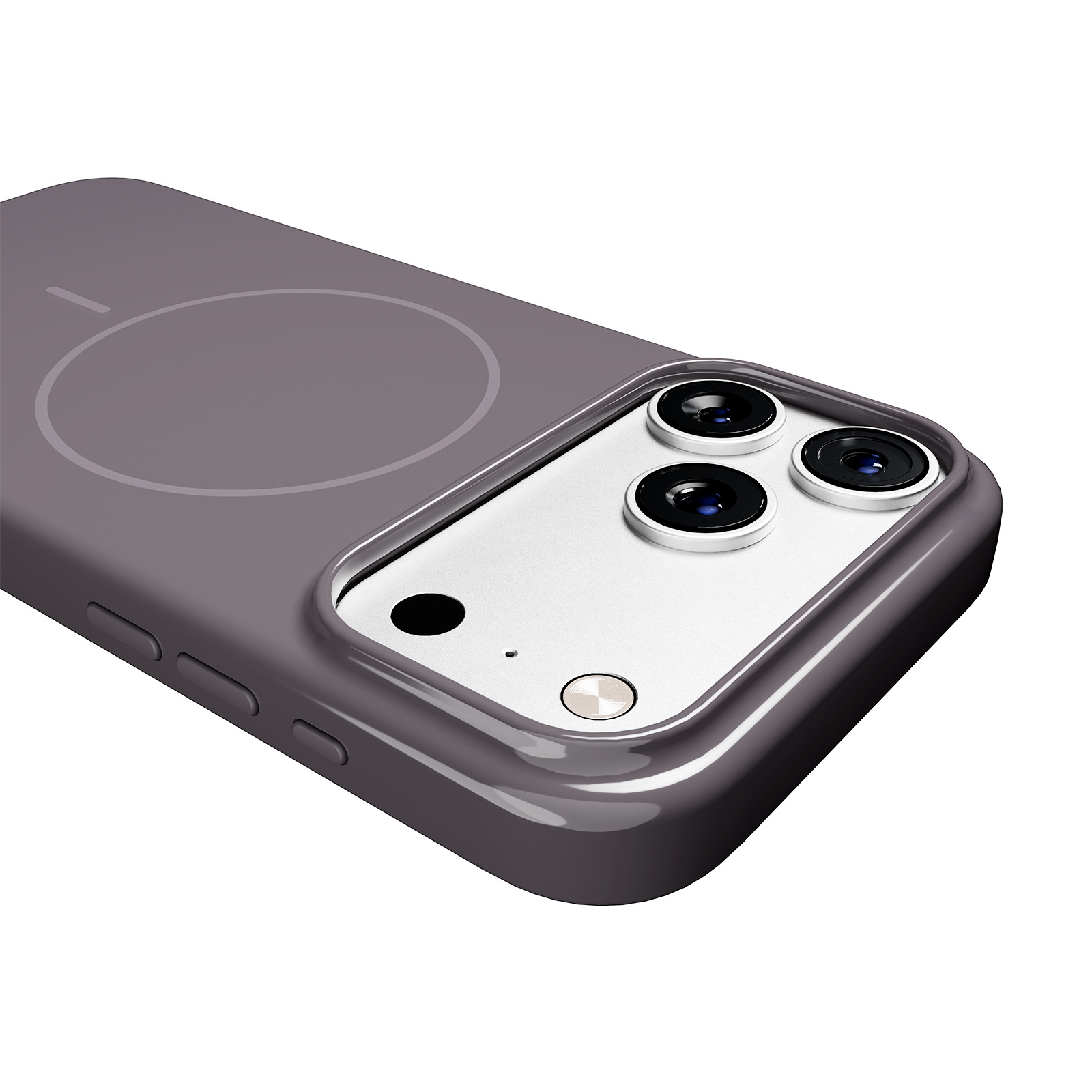 Funda de teléfono gris con tres lentes de cámara y un flash.