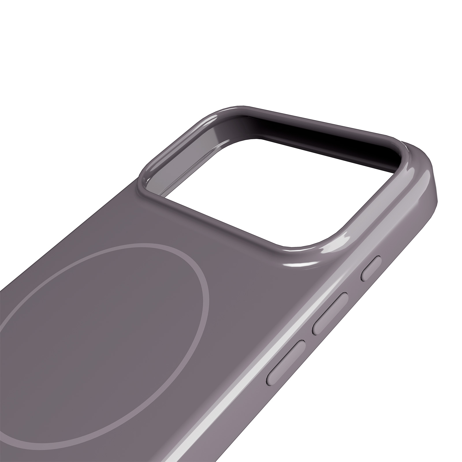 Funda de teléfono gris con recorte para cámara y botones.