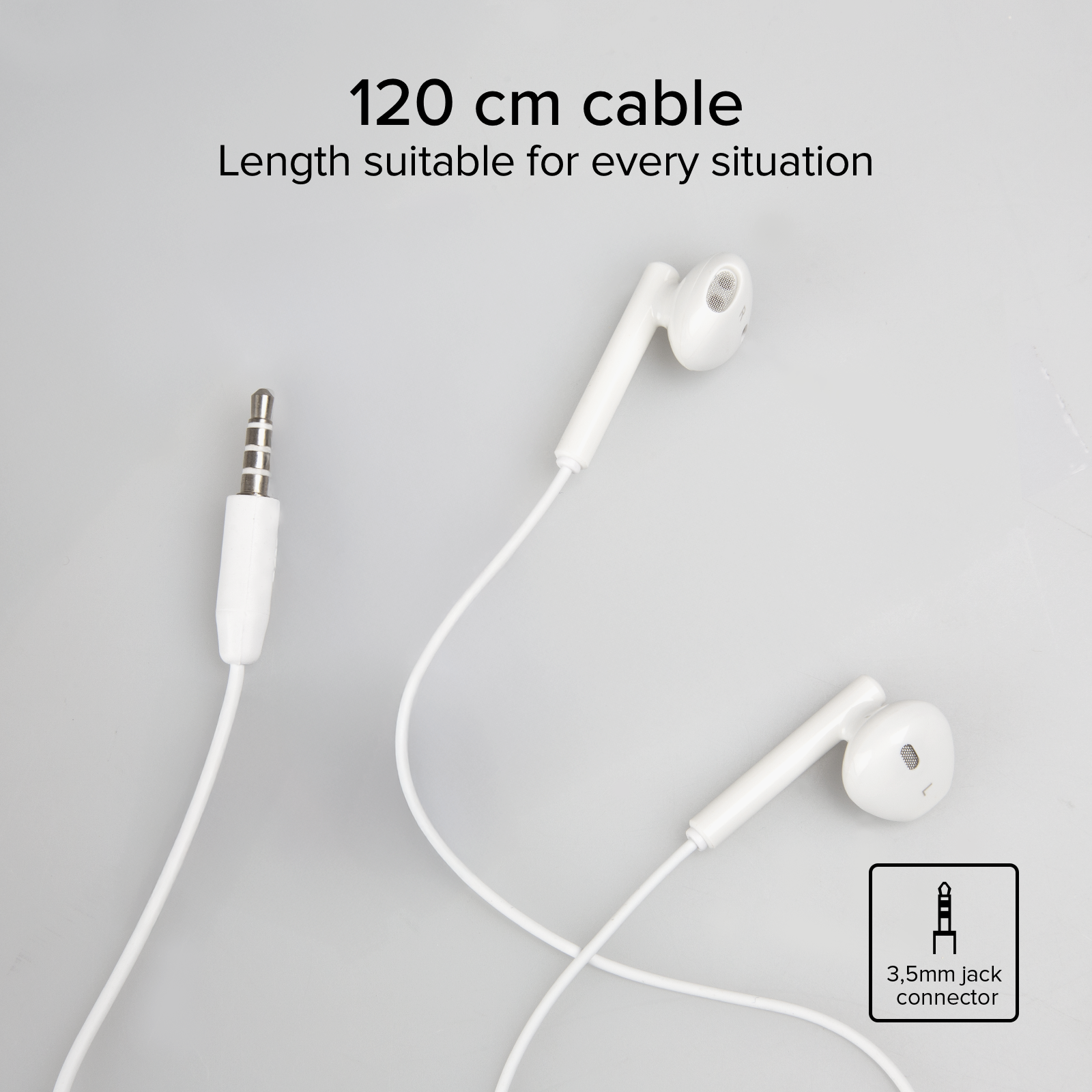 Auricolari bianchi con connettore jack da 3,5 mm e cavo da 120 cm.