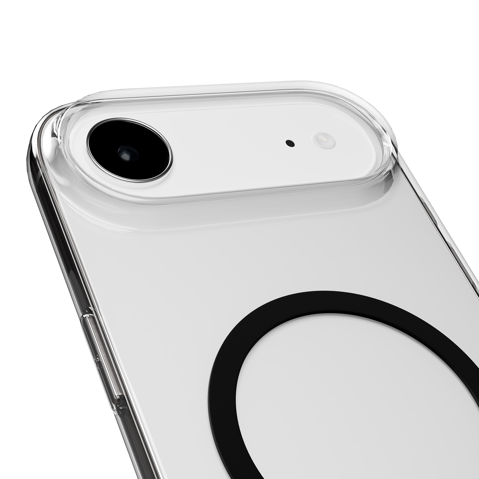 Primo piano della parte superiore di uno smartphone bianco con custodia trasparente.
