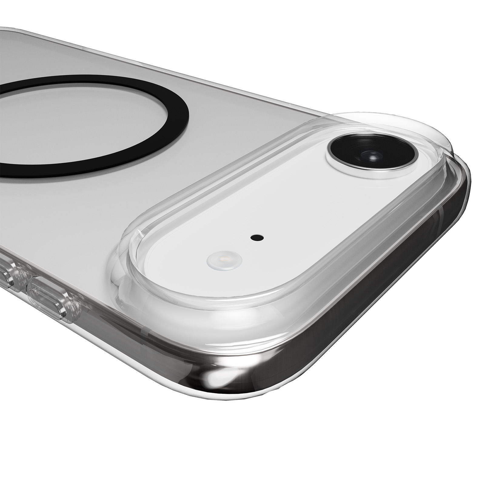 Primo piano di una custodia trasparente per telefono con anello nero e obiettivo.