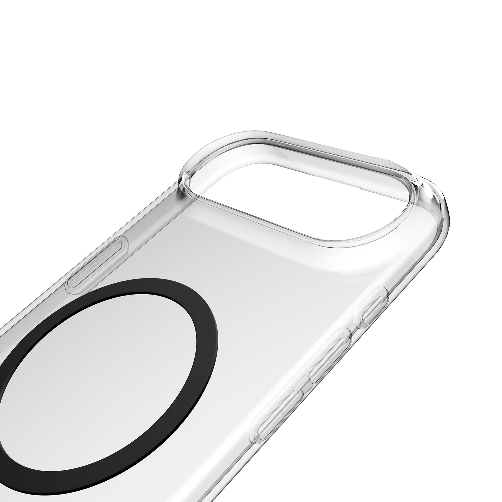 Custodia trasparente per telefono con anello magnetico nero e pulsanti.