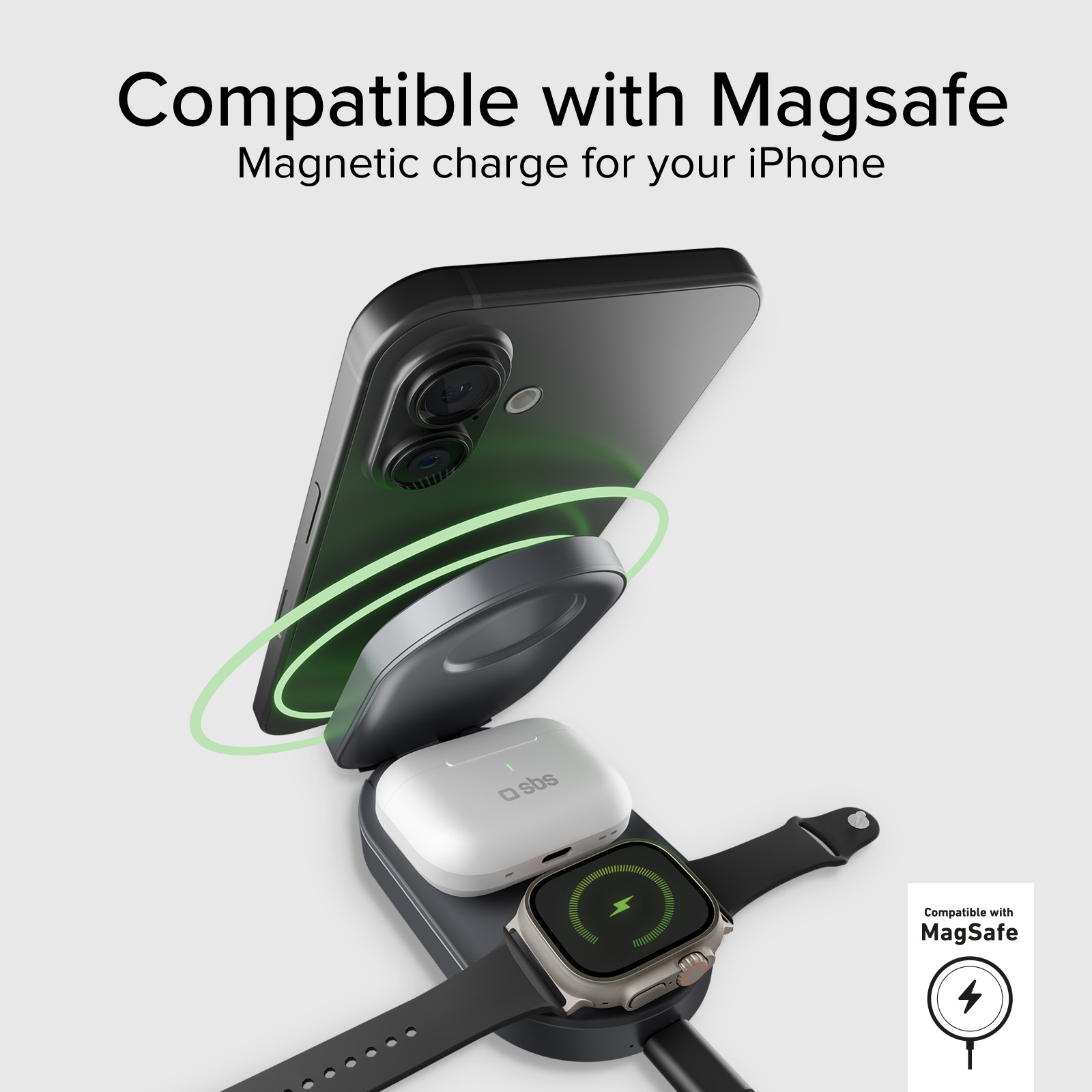 Un iPhone, custodia AirPods e smartwatch in carica su una stazione di ricarica.