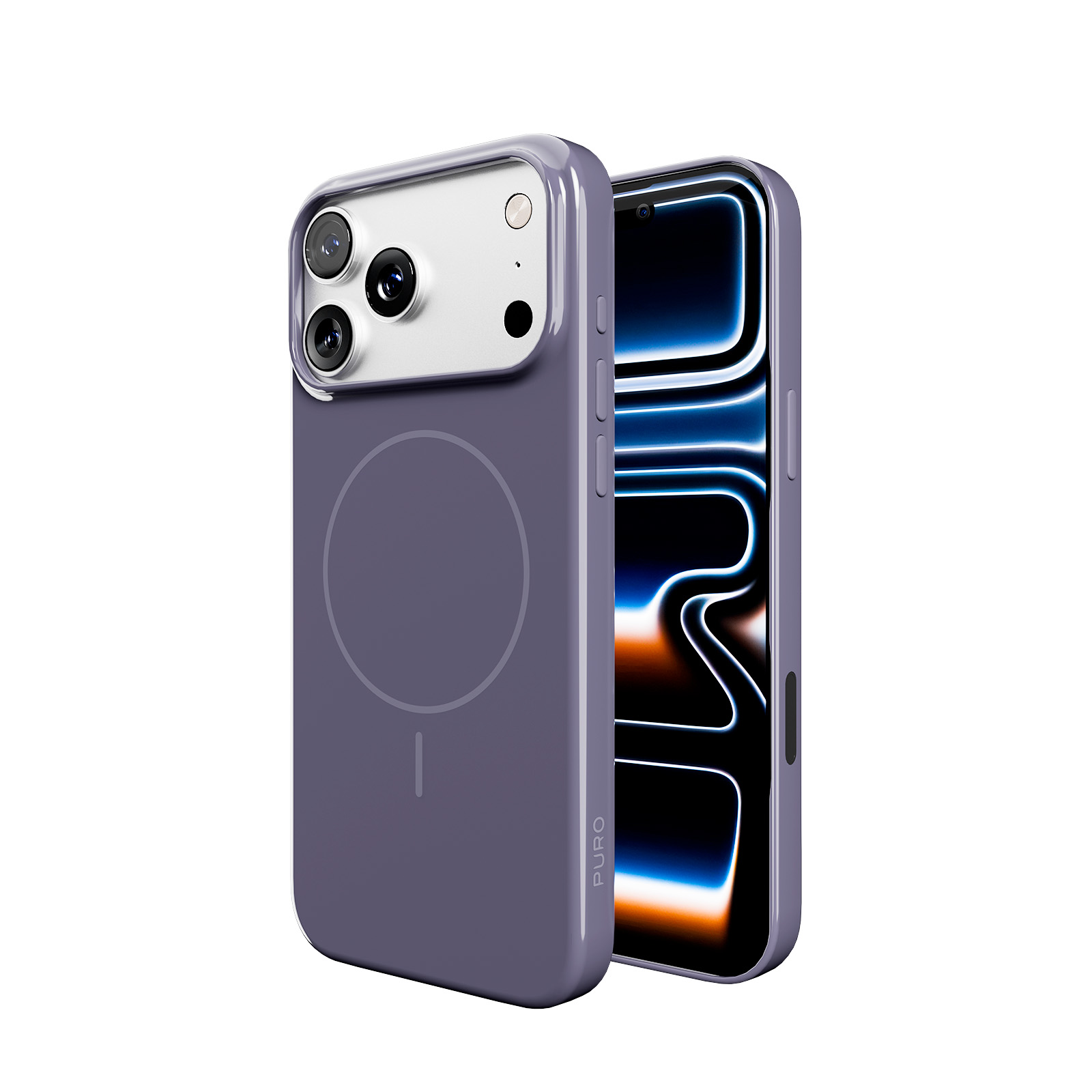 Funda morada para teléfono con tres lentes de cámara y un teléfono con pantalla azul-naranja.