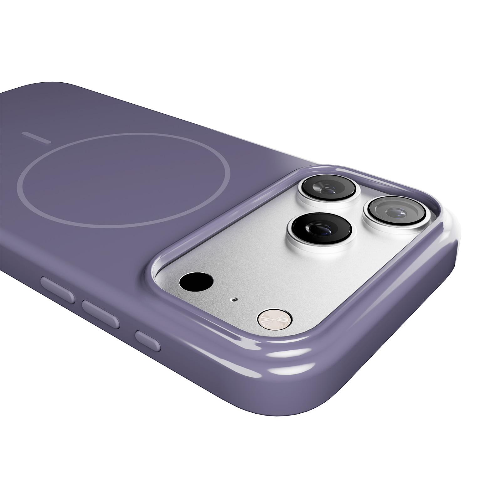 Funda de teléfono morada con tres lentes de cámara y parte trasera plateada.