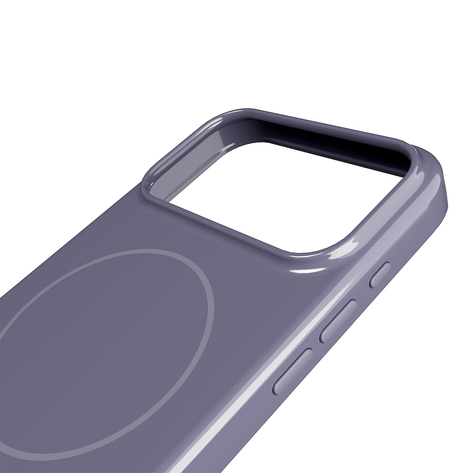 Se muestra una funda de teléfono morada con botones y un diseño circular sobre fondo blanco.
