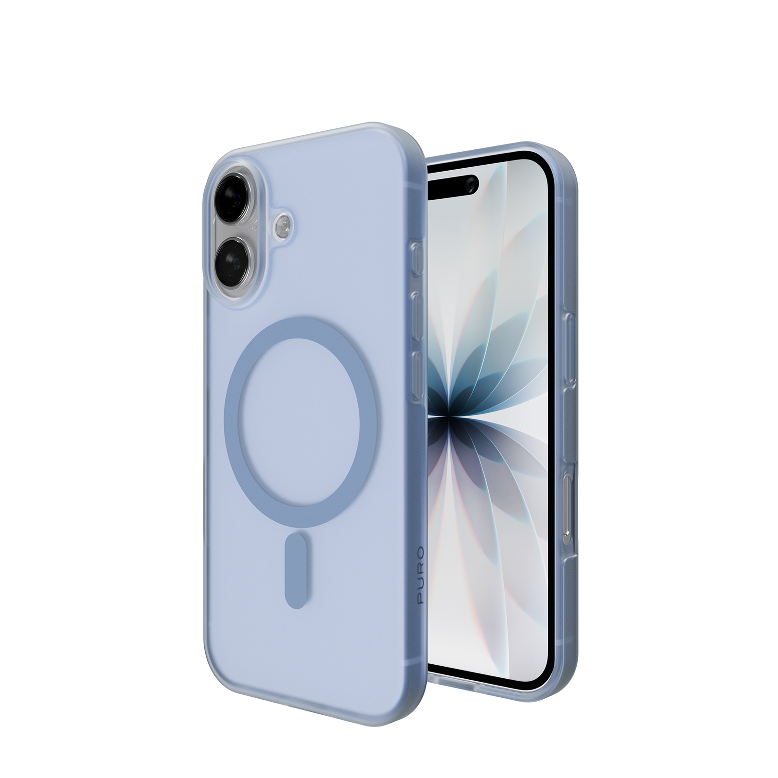 Una cover azzurra per telefono con design ad anello magnetico.