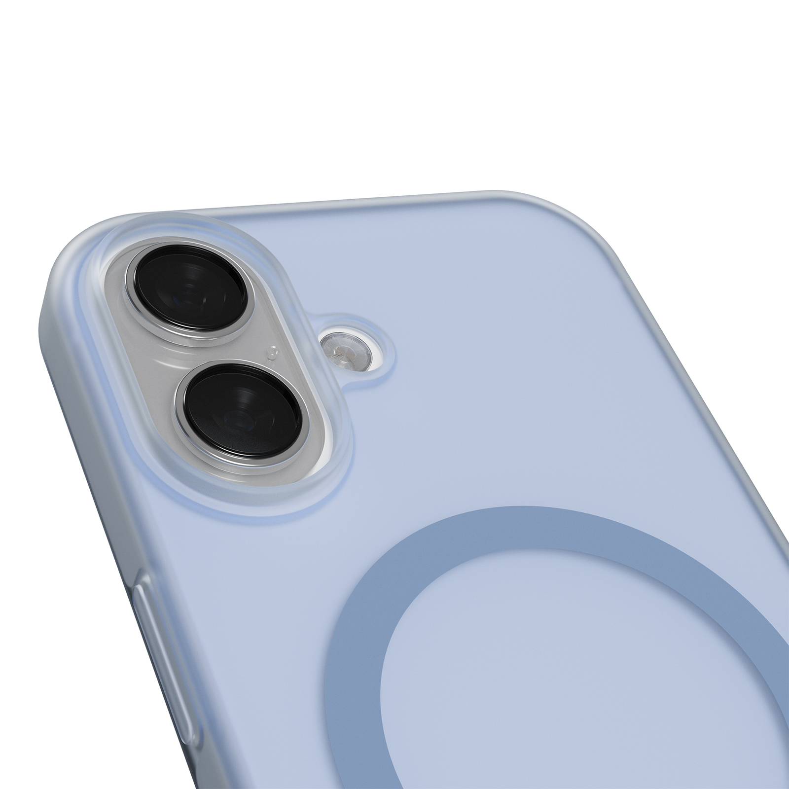 Una cover per telefono blu chiaro con due fotocamere e un flash.