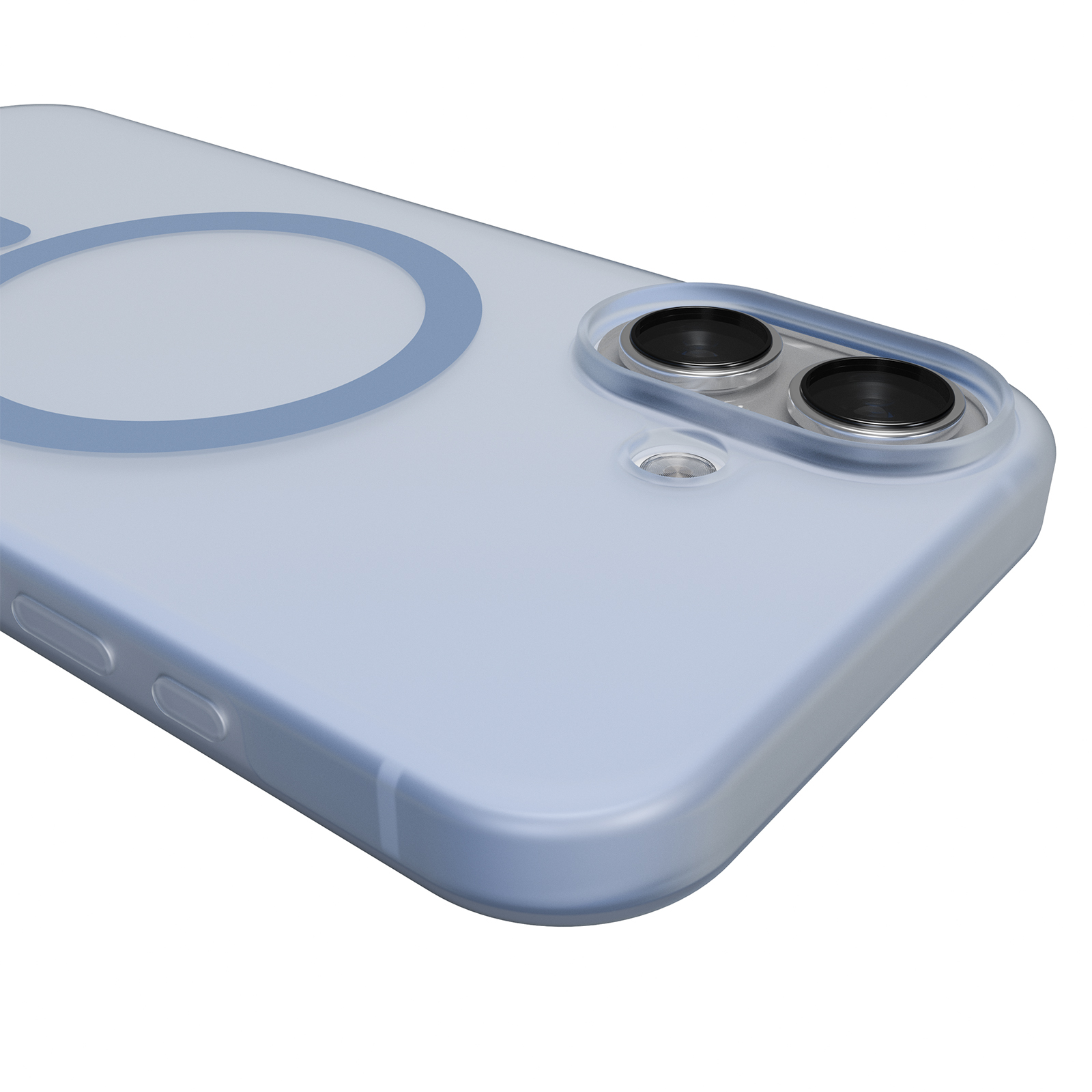Una cover per telefono azzurra con due obiettivi e un anello magnetico.