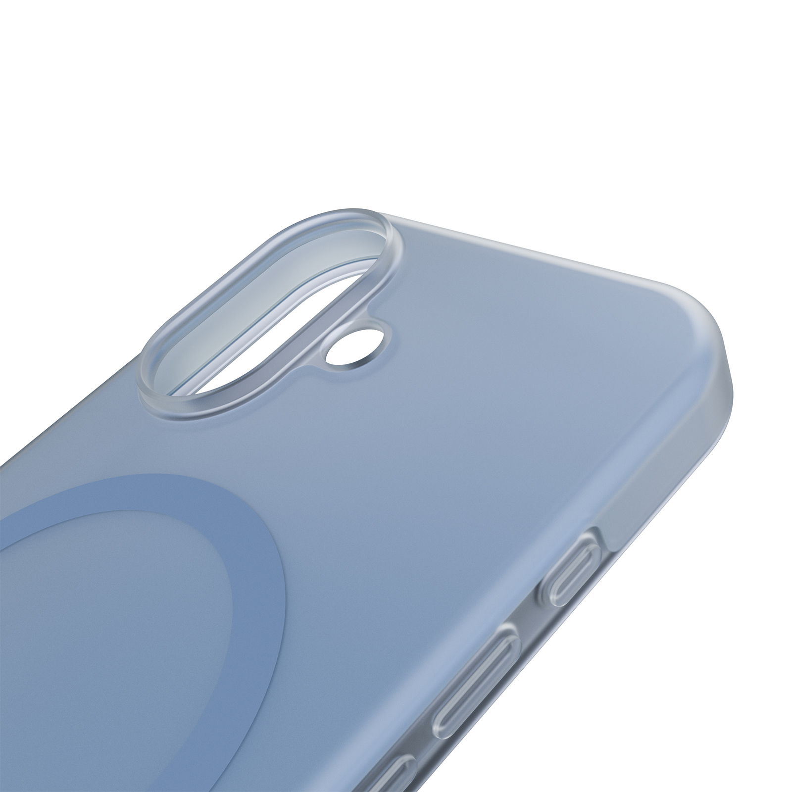Custodia trasparente blu per telefono con ritagli per fotocamera e pulsanti.