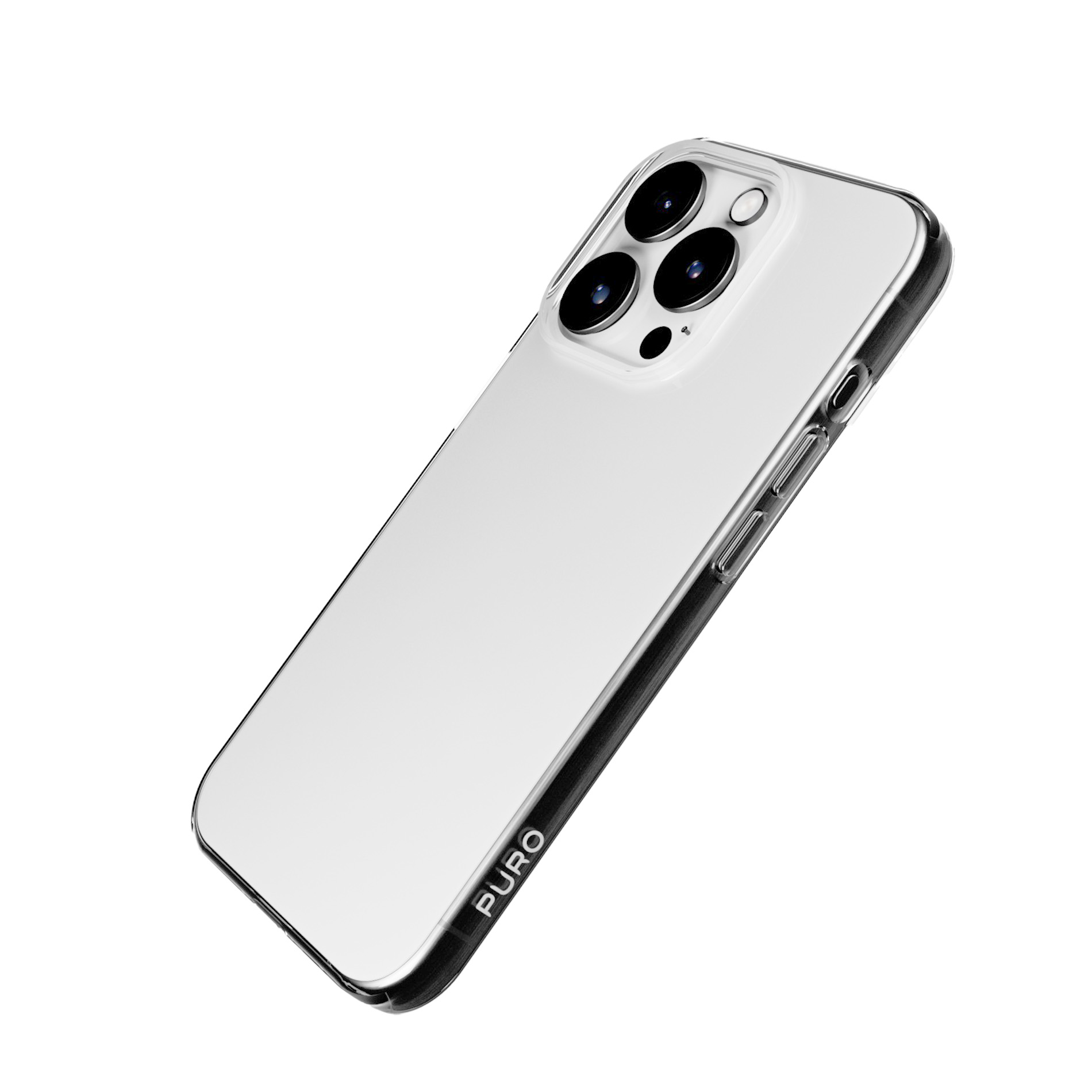 Una cover trasparente per telefono con bordo nero, su sfondo bianco.