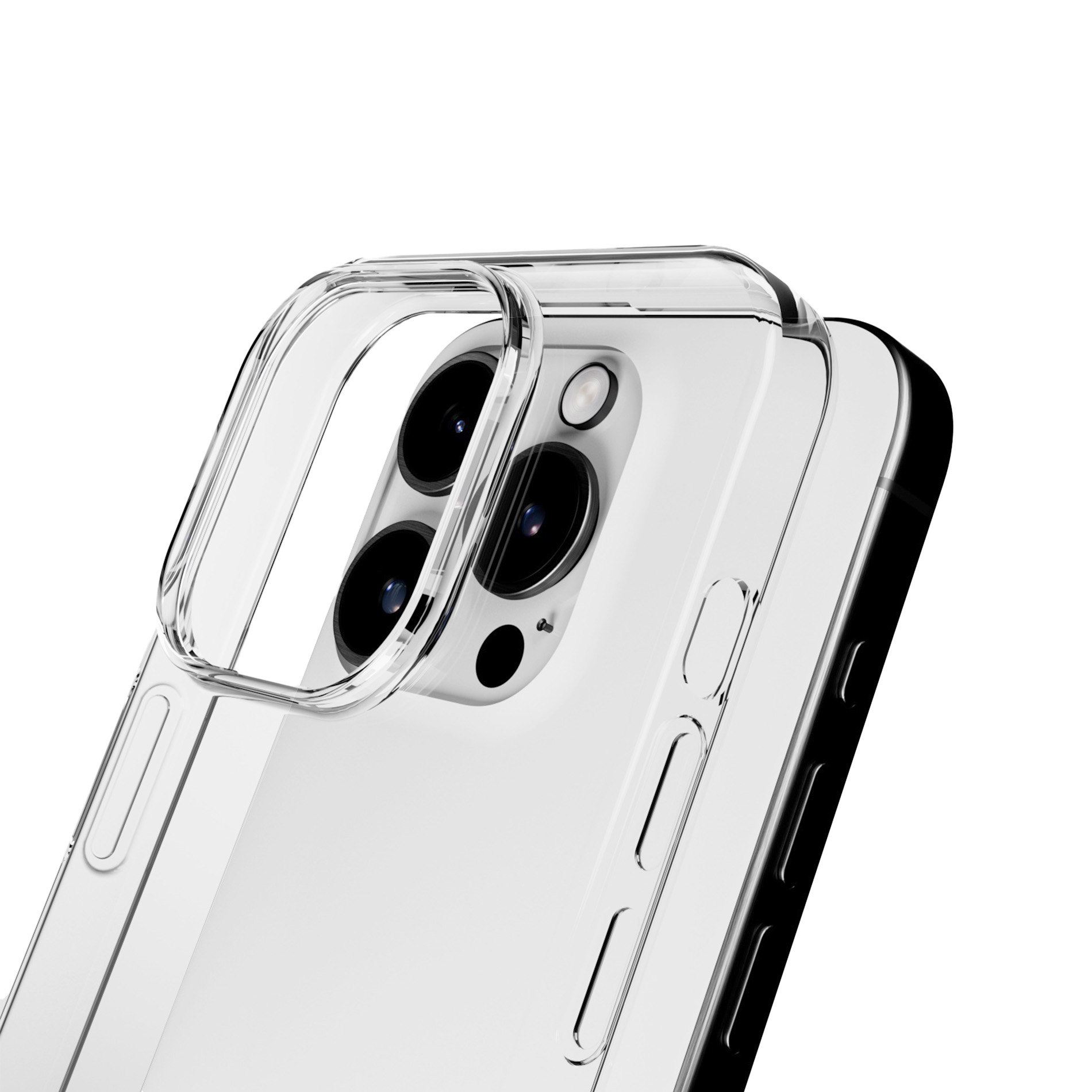 Custodia trasparente per telefono con obiettivi della fotocamera su sfondo bianco.