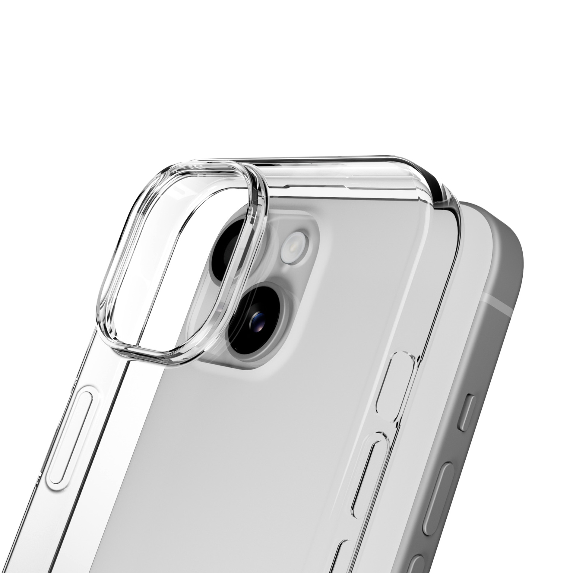 Custodia trasparente per telefono con ritaglio per fotocamera su sfondo bianco.