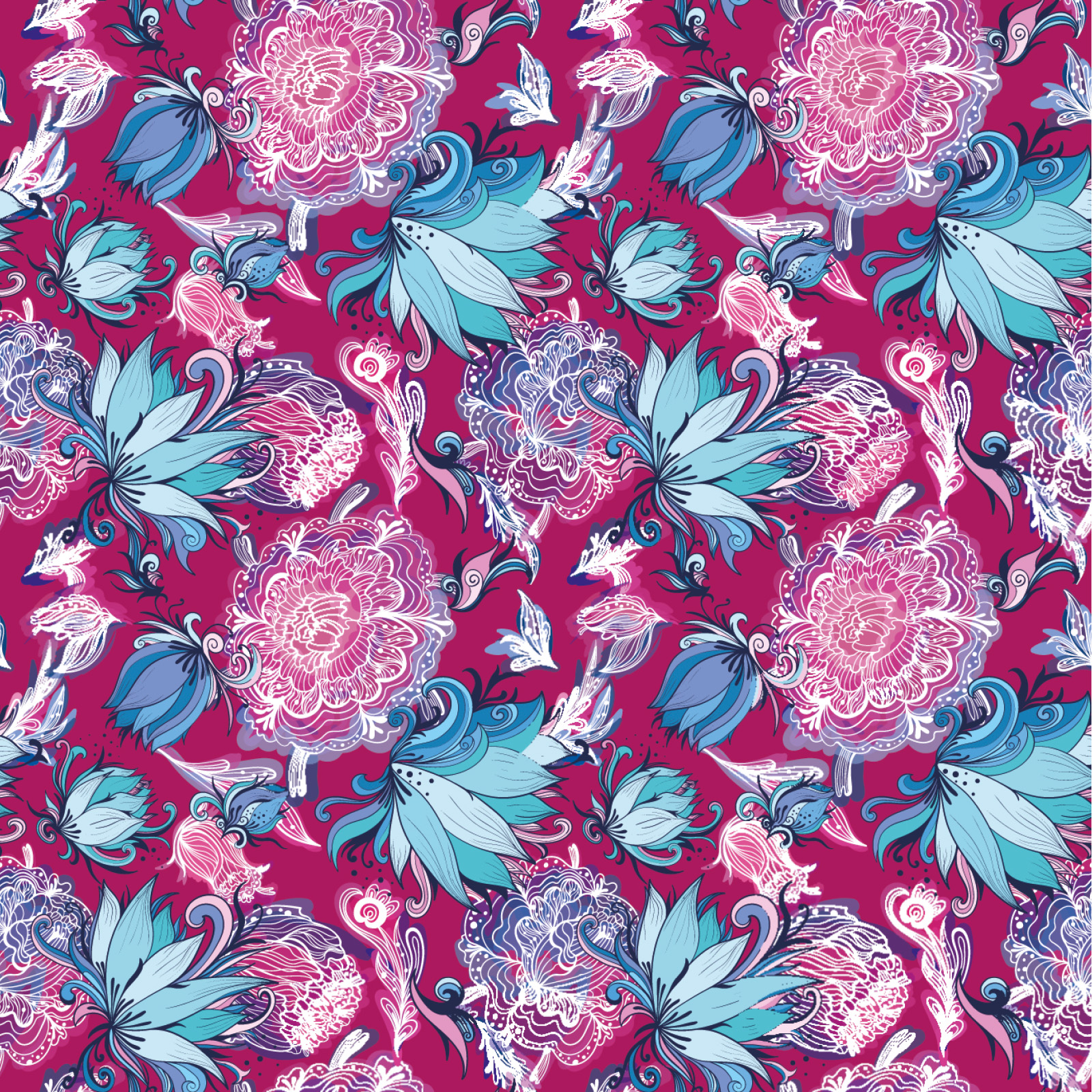 Un motivo di fiori e foglie intricati nei toni del blu, viola e bianco su sfondo magenta.