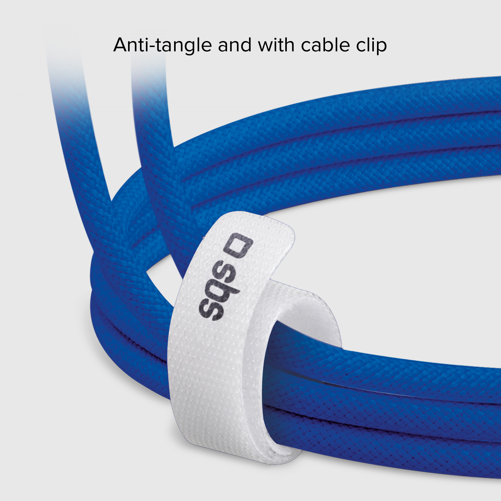 Ein blaues Kabel wird mit einem weißen Klettverschluss-Clip zusammengehalten.