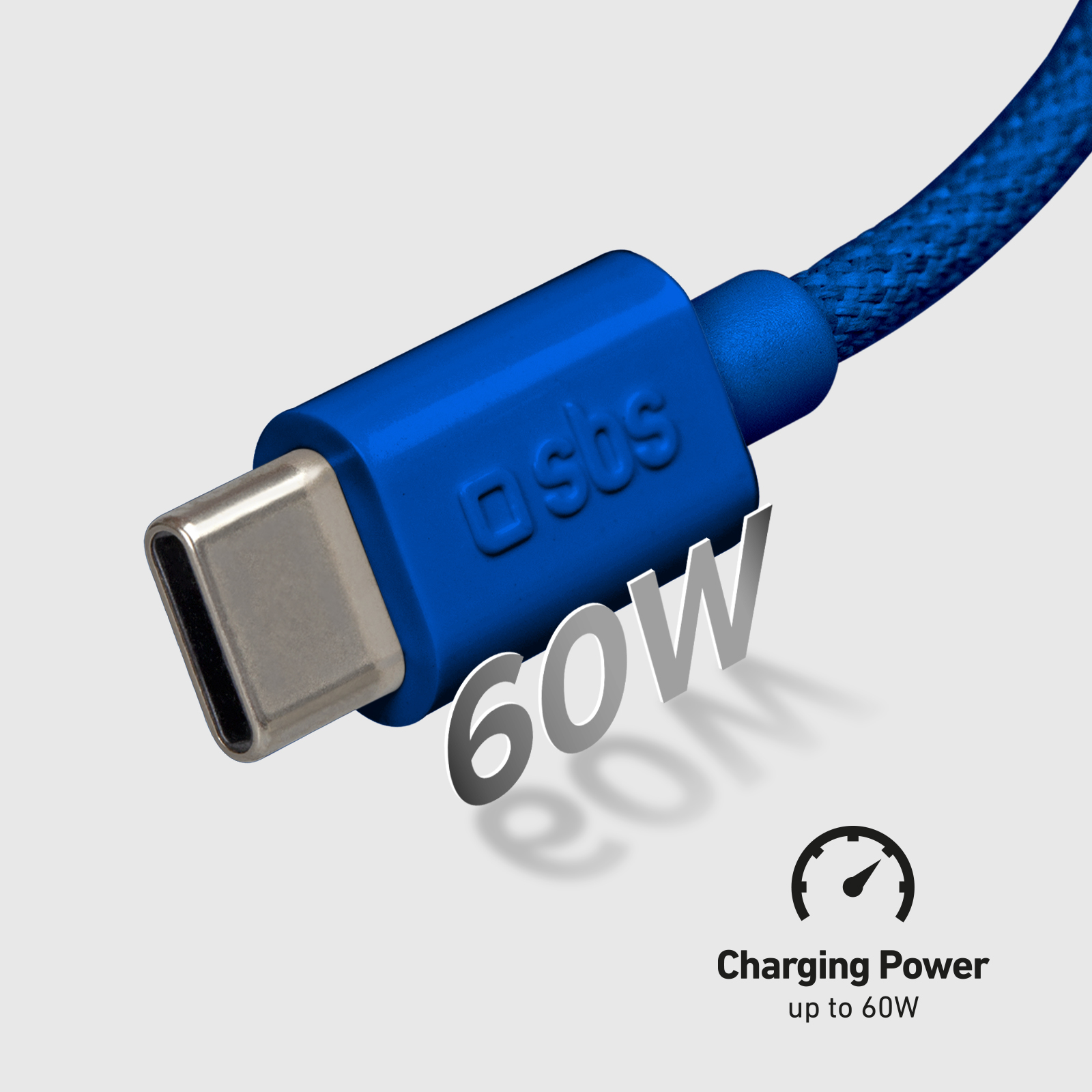 Ein blauer USB-C-Stecker mit SBS-Logo und der Angabe 60W.