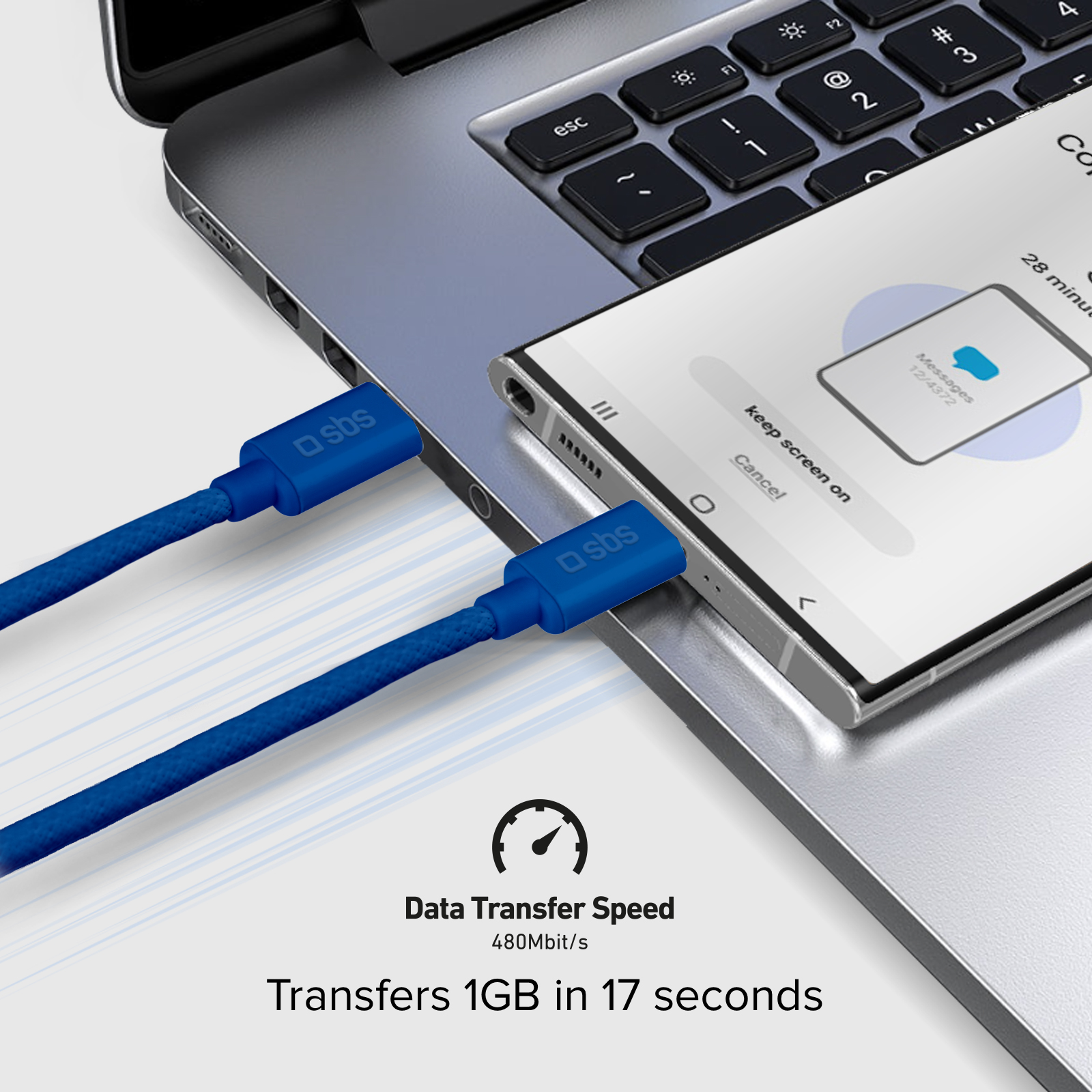 Blauer SBS-Kabel verbindet Laptop & Smartphone. Datenübertragungsgeschwindigkeit 480 Mbit/s.