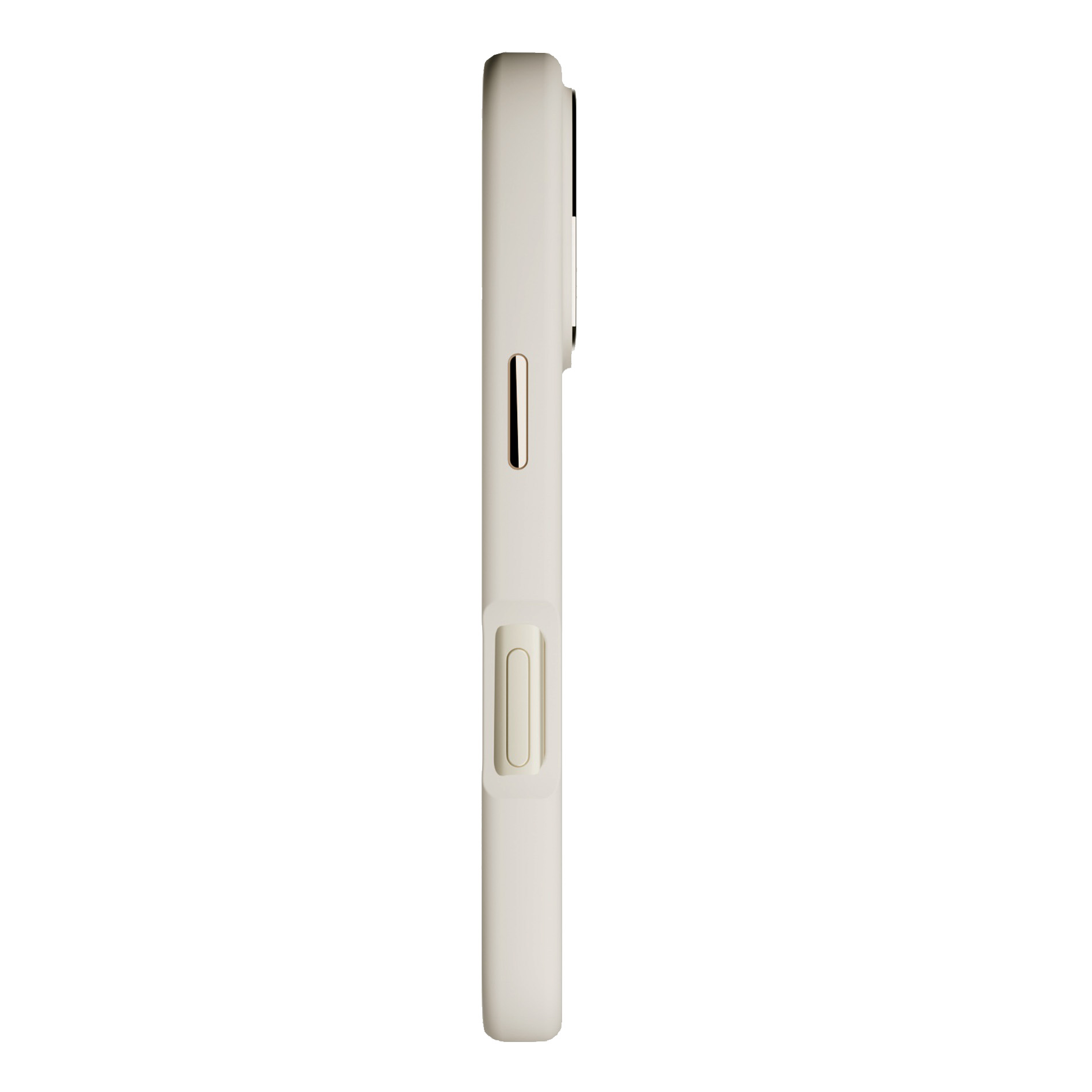 Una custodia per telefono beige chiaro di profilo con pulsanti sul lato.