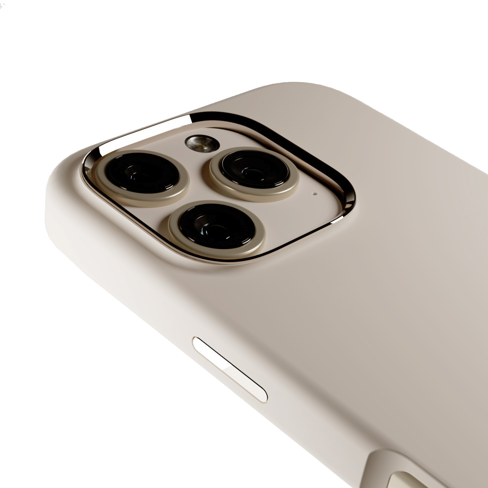 Primo piano del retro di uno smartphone beige chiaro con tre obiettivi della fotocamera.