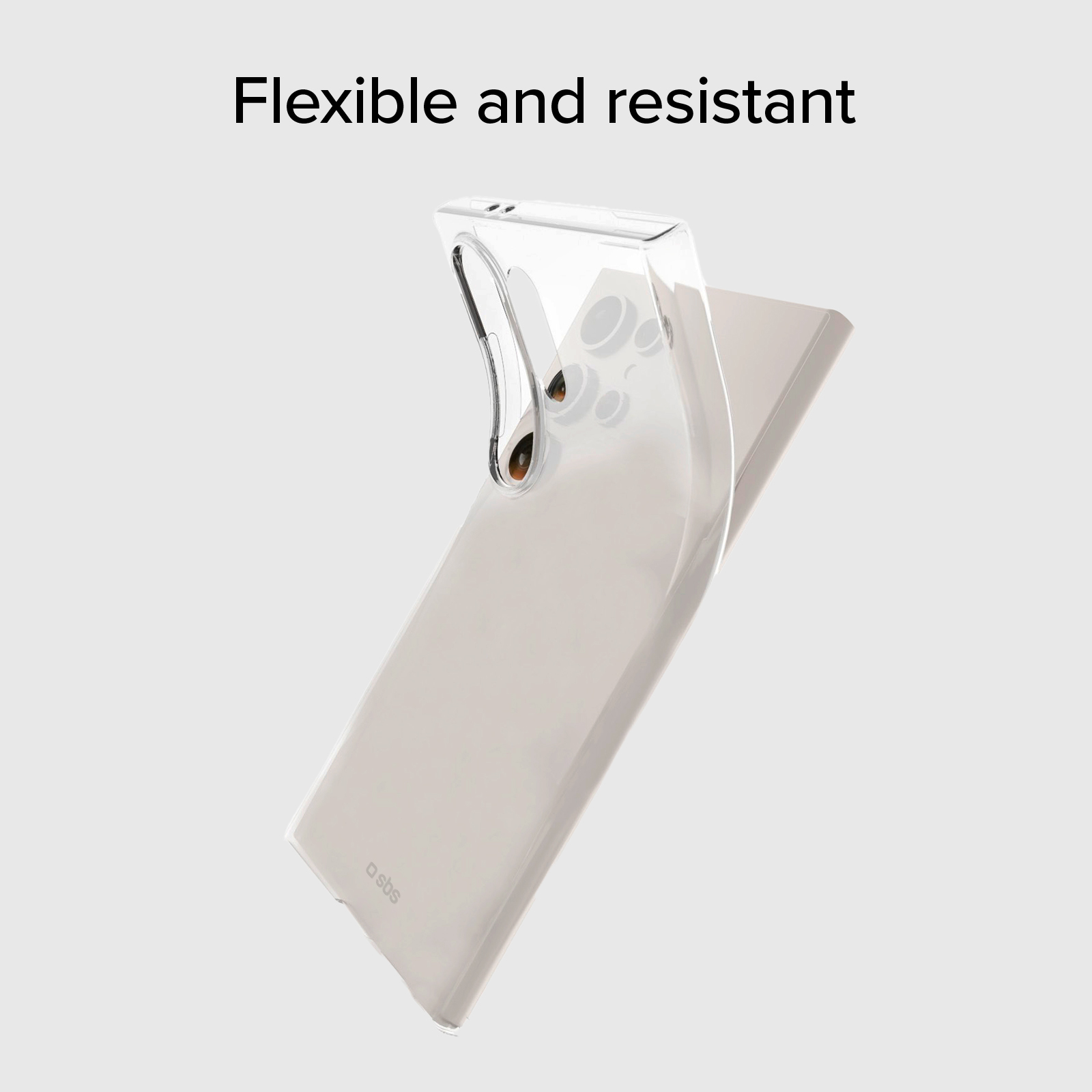 Una custodia per telefono flessibile e trasparente mostrata su sfondo grigio chiaro.