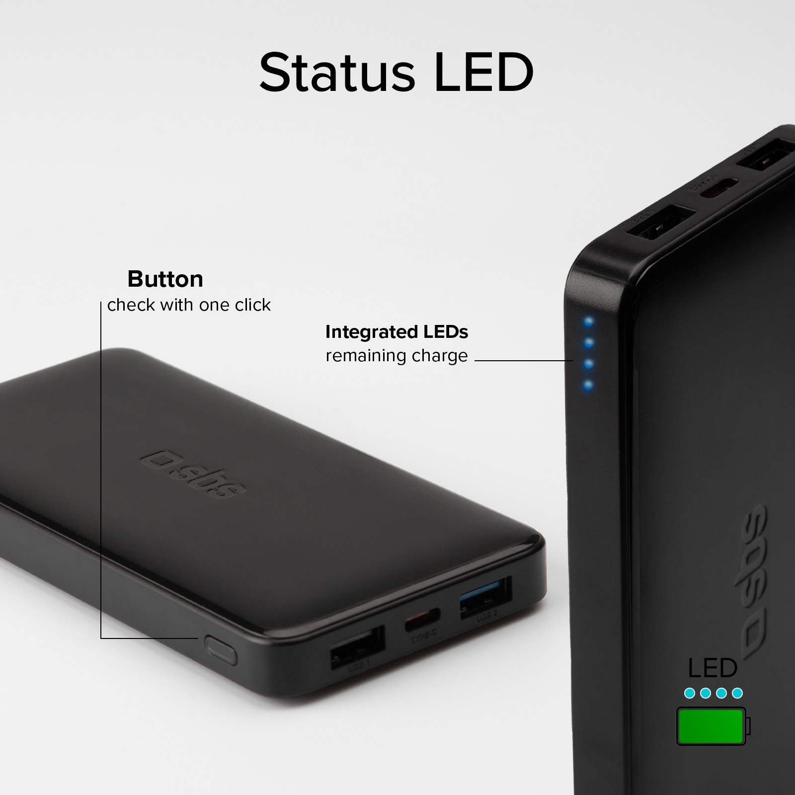 Power bank nero con porte USB e quattro LED di stato blu che indicano il livello di carica.