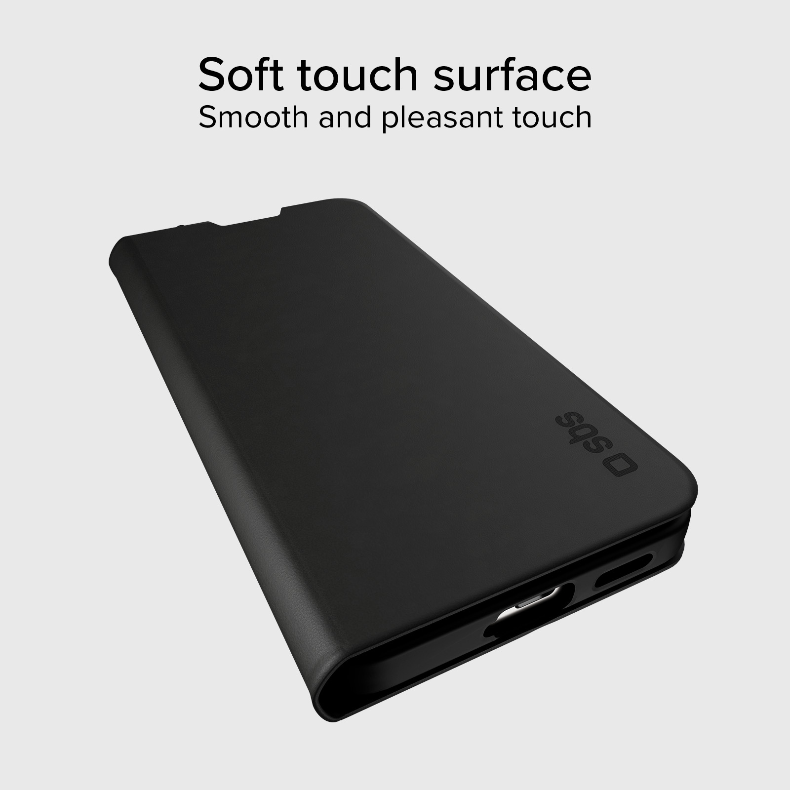 Funda tipo libro negra SBS con superficie lisa.
