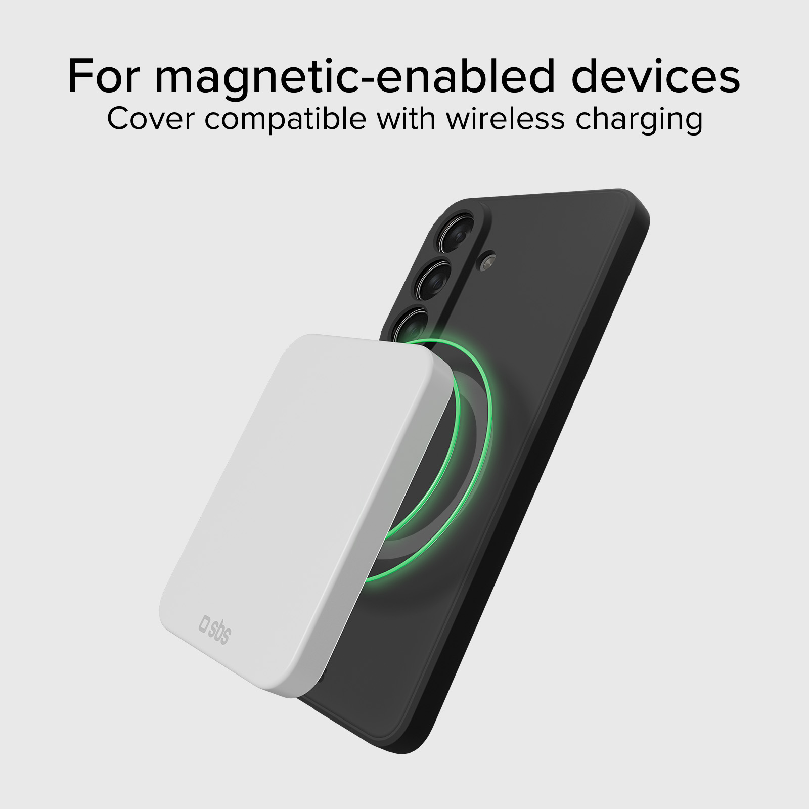 Ein weißes Magnetladegehäuse wird an einem schwarzen Smartphone befestigt.