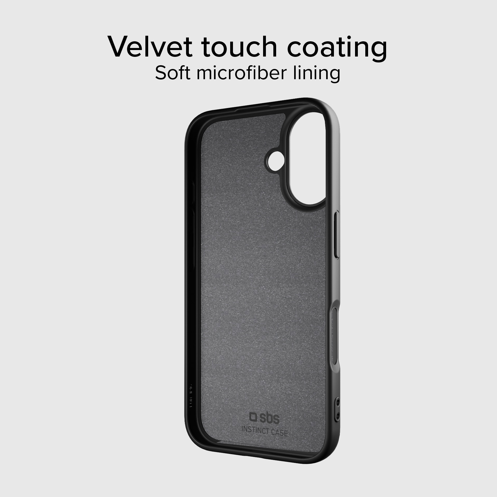 Una custodia per telefono nera con rivestimento soft touch e fodera in microfibra.