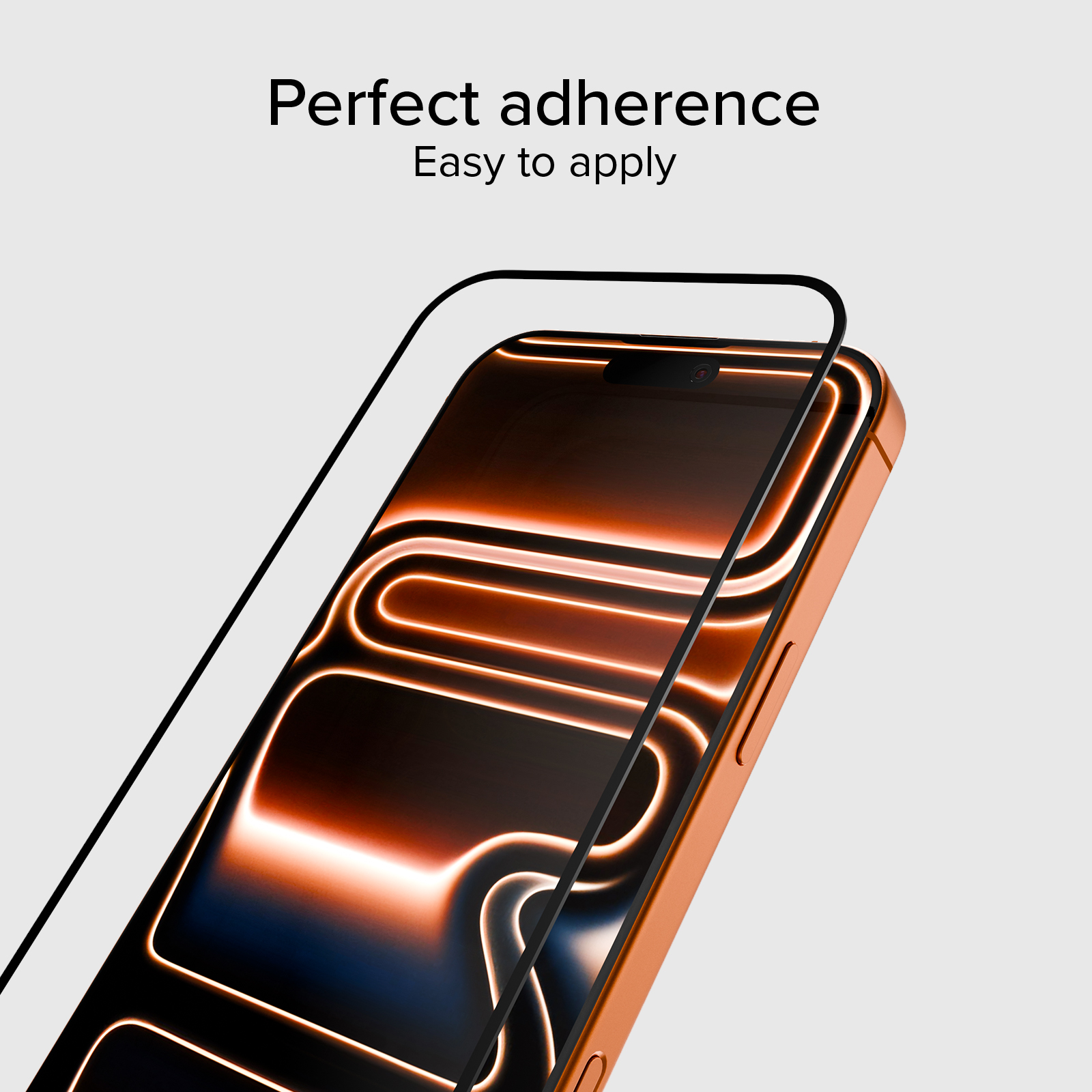 Ein orangefarbenes Smartphone mit einem Displayschutz, der leicht angebracht ist.
