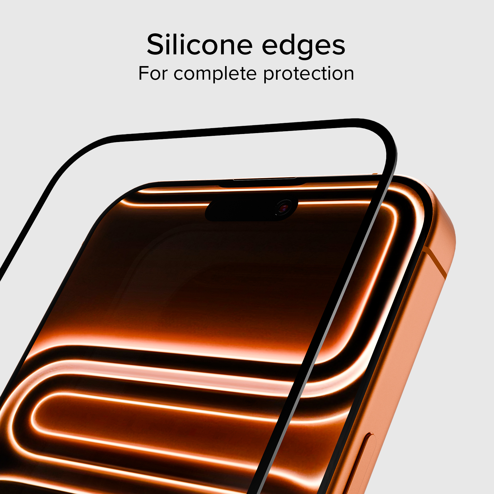 Kupfernes Handy mit leuchtend orangen Linien auf dem Bildschirm, geschützt durch schwarzen Rand.