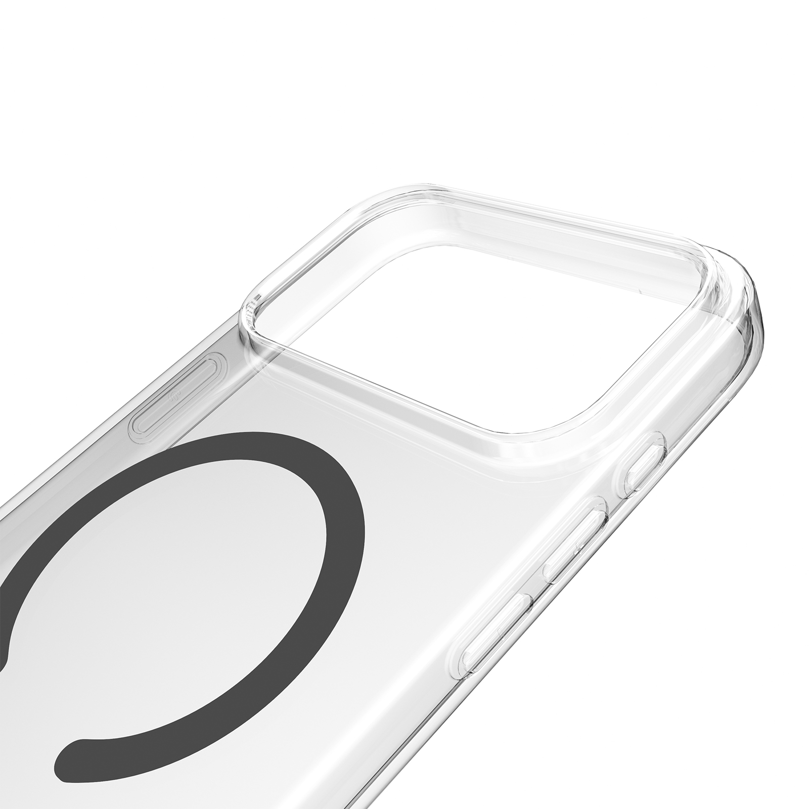 Custodia trasparente per telefono con anello nero su sfondo bianco.