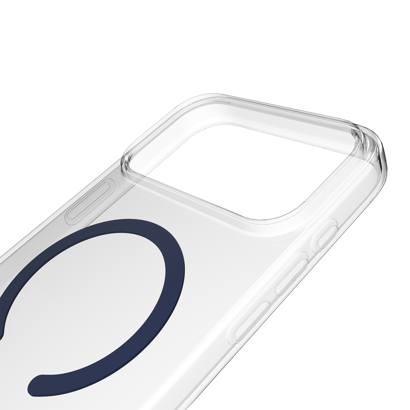Custodia trasparente per telefono con cerchio blu scuro su sfondo bianco.