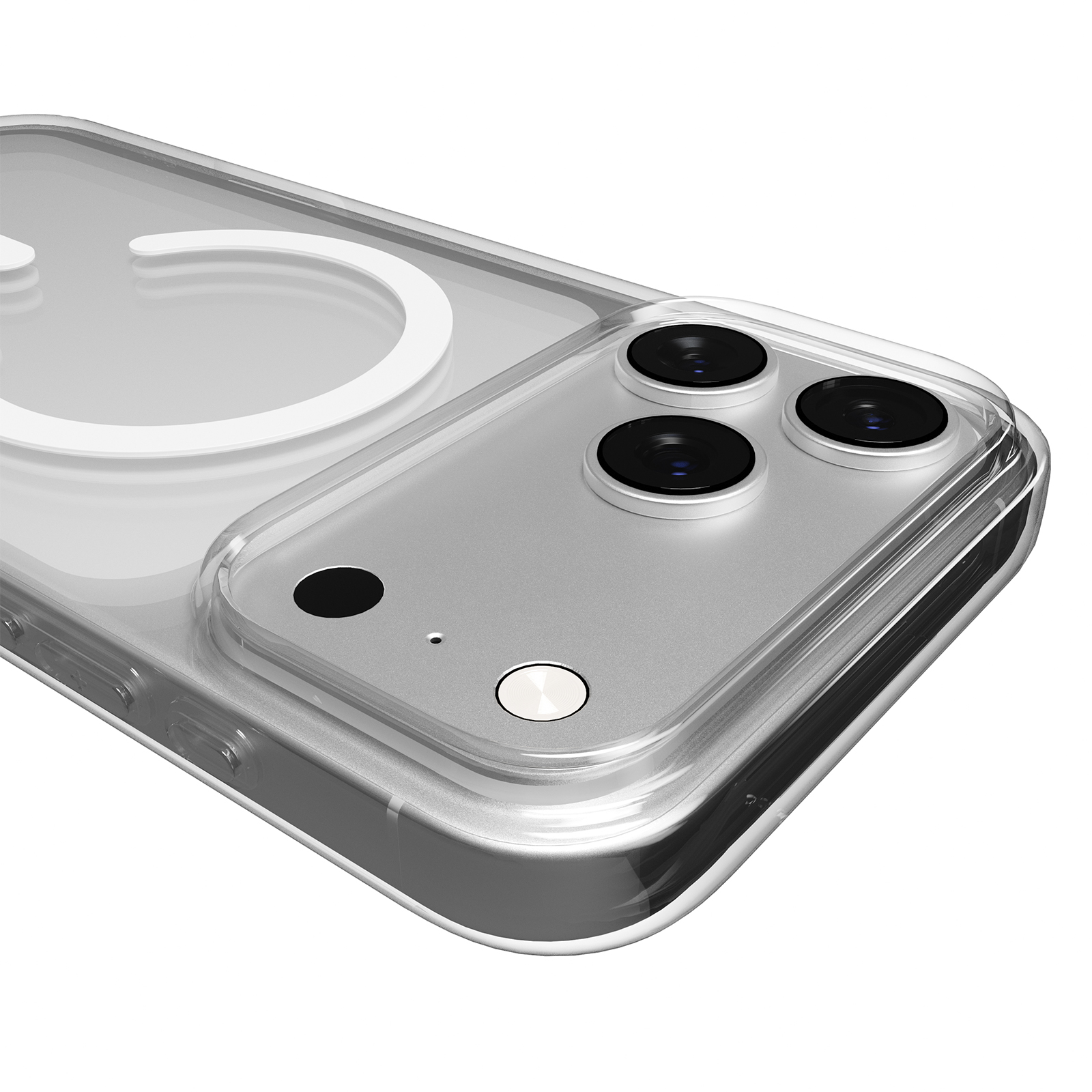 Funda transparente en teléfono plateado con tres cámaras y círculo blanco.