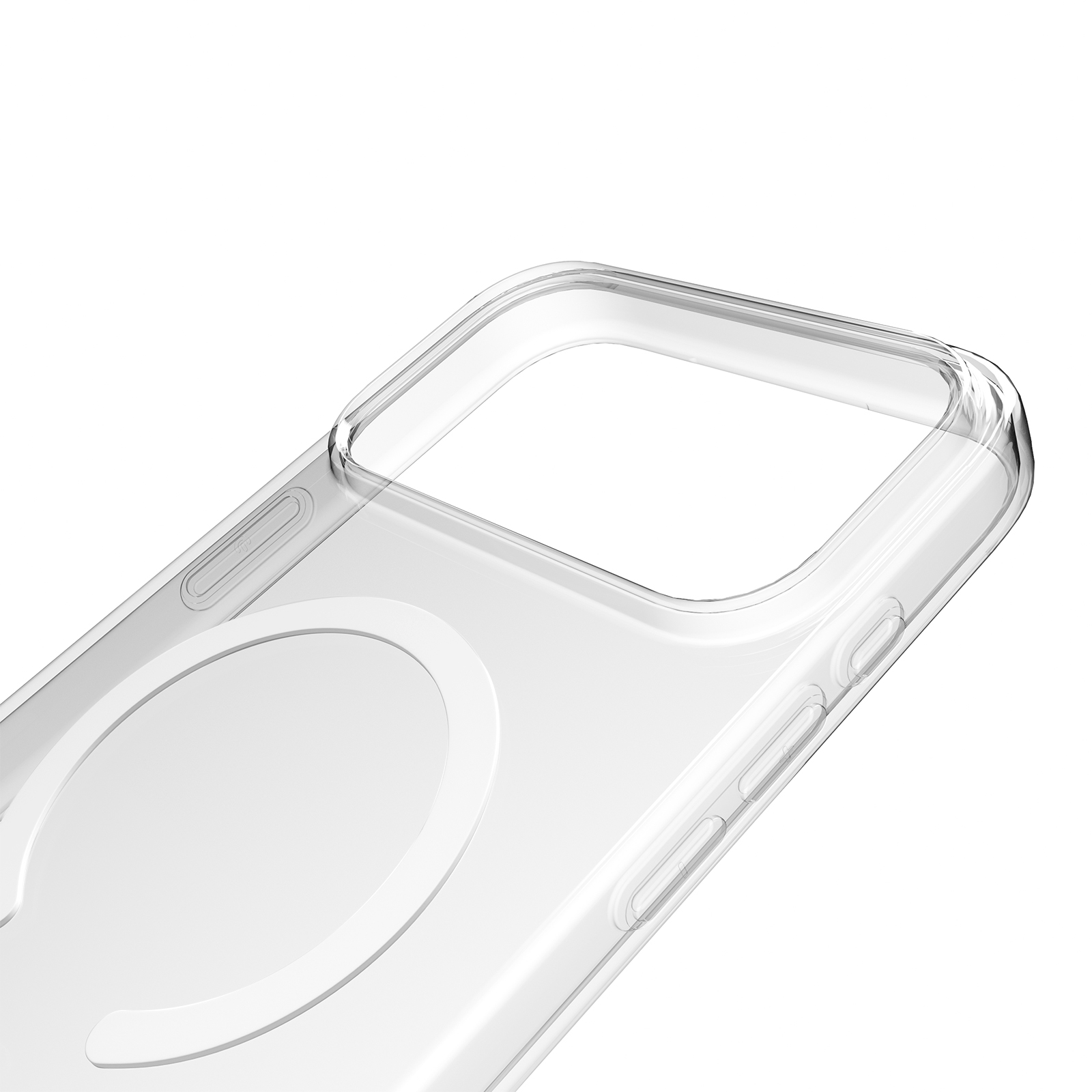 Funda transparente para teléfono con anillo magnético y botones.