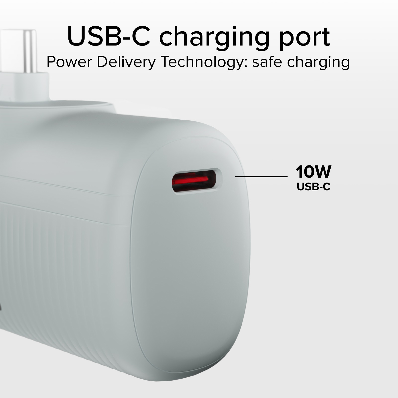Un caricatore USB-C bianco con porta rossa e scritta 10W.