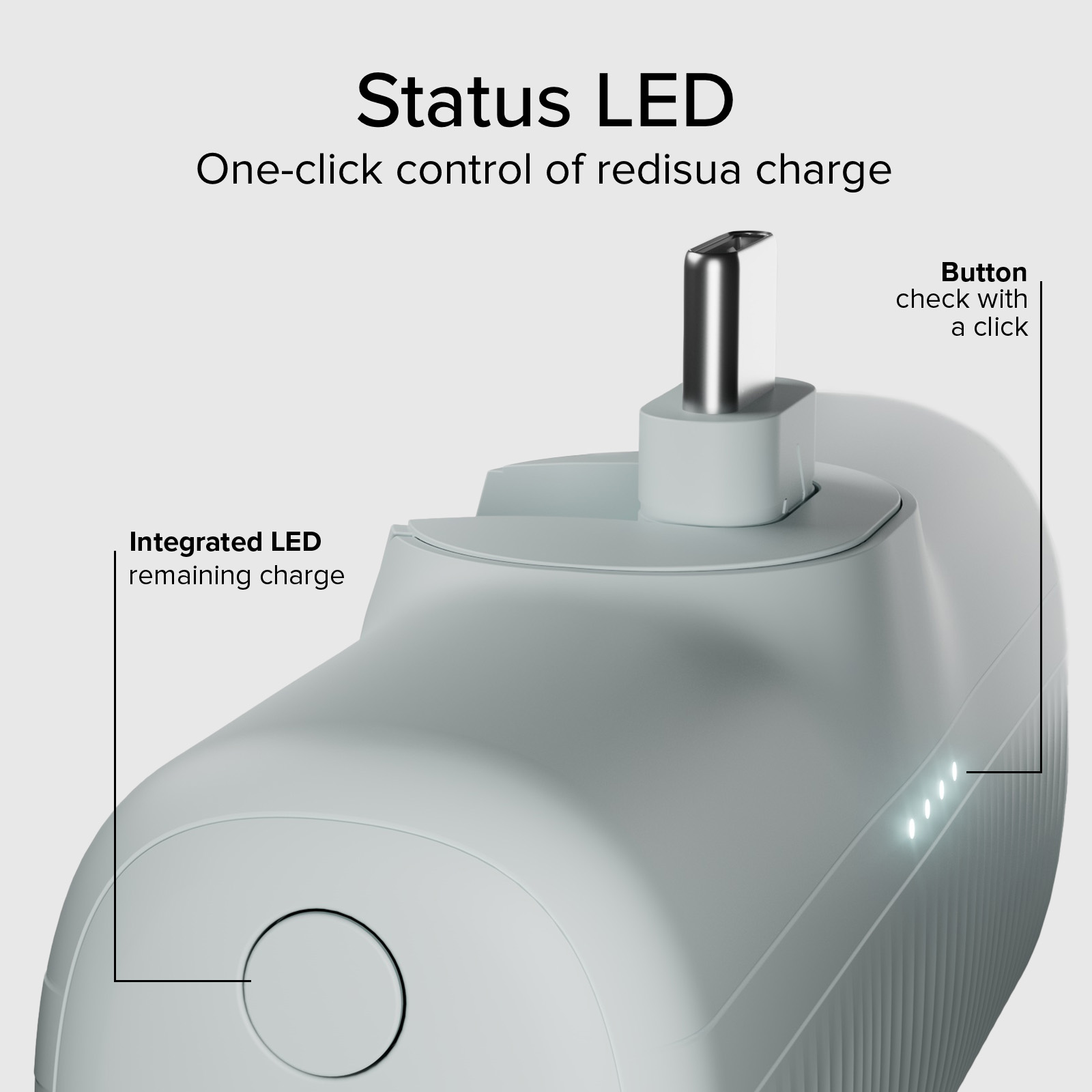 Caricatore grigio chiaro con porta USB-C, indicatori LED stato di carica.