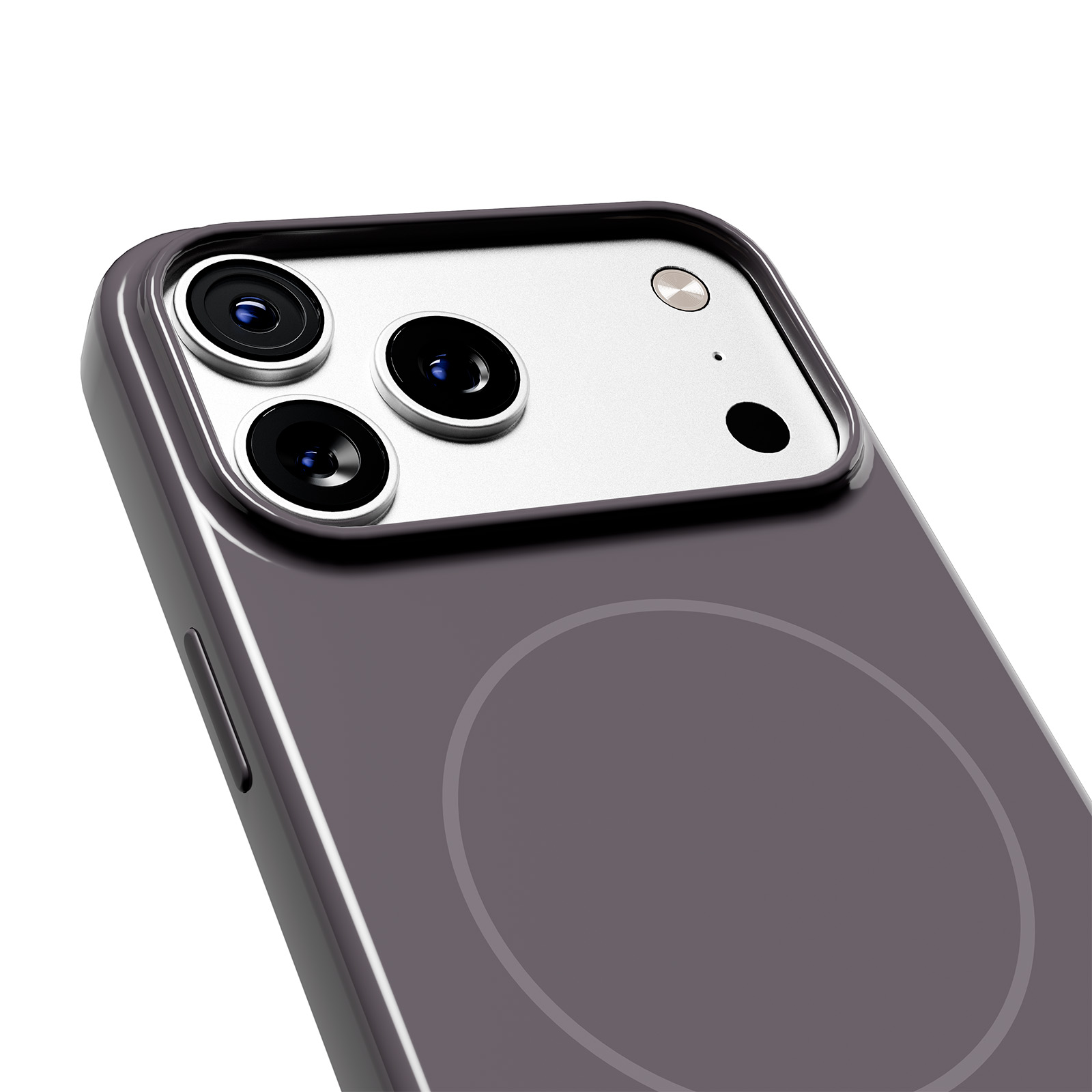 Nahaufnahme der Rückseite eines grauen Smartphones mit drei Kameralinsen und einem Blitz.