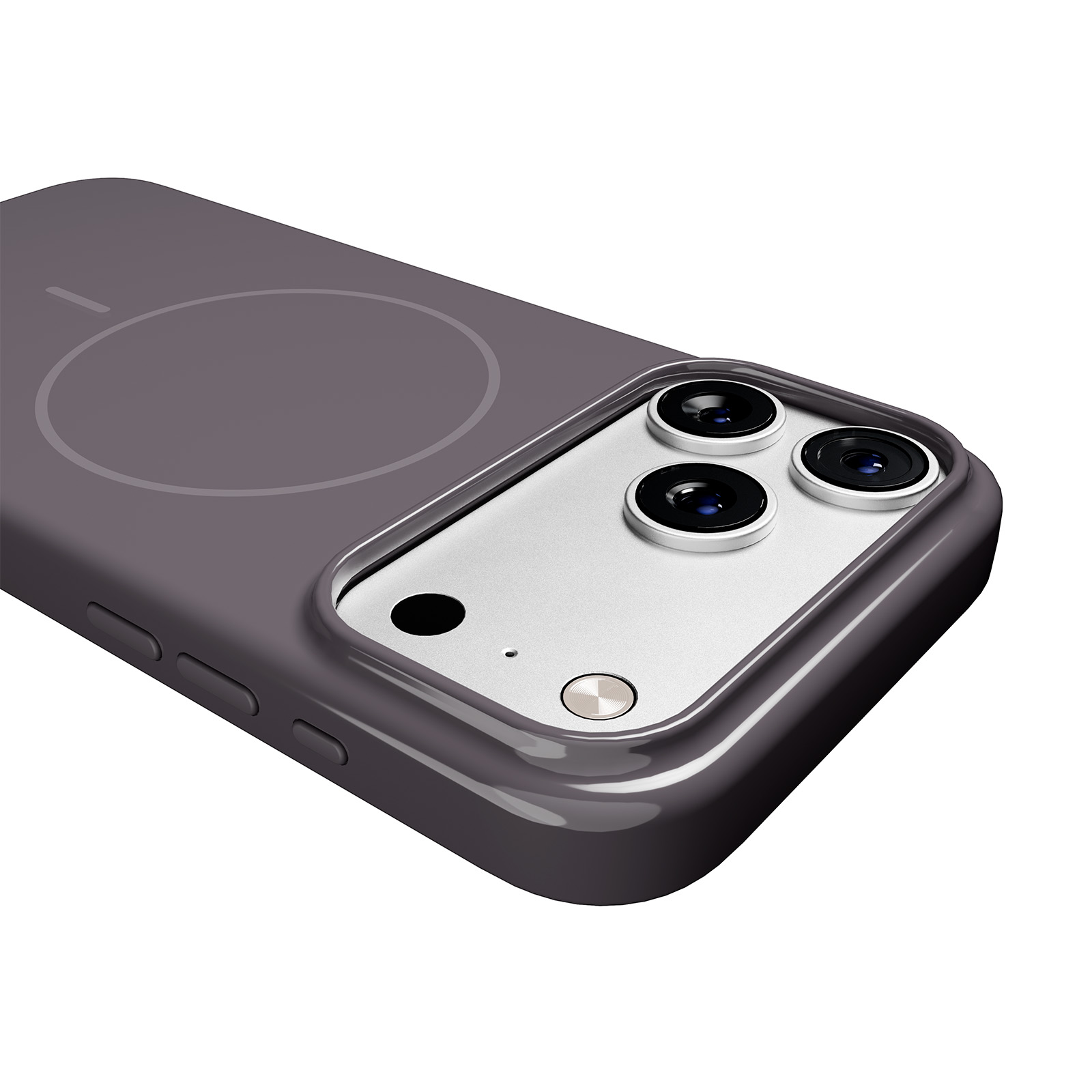 Graues Handy-Case mit drei Kameras und kreisförmigem Muster.