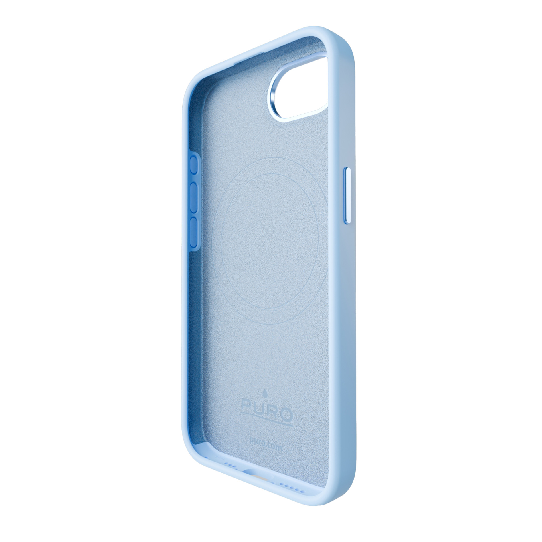 Helles blaues Handycover mit Puro-Logo und Kreisprägung.