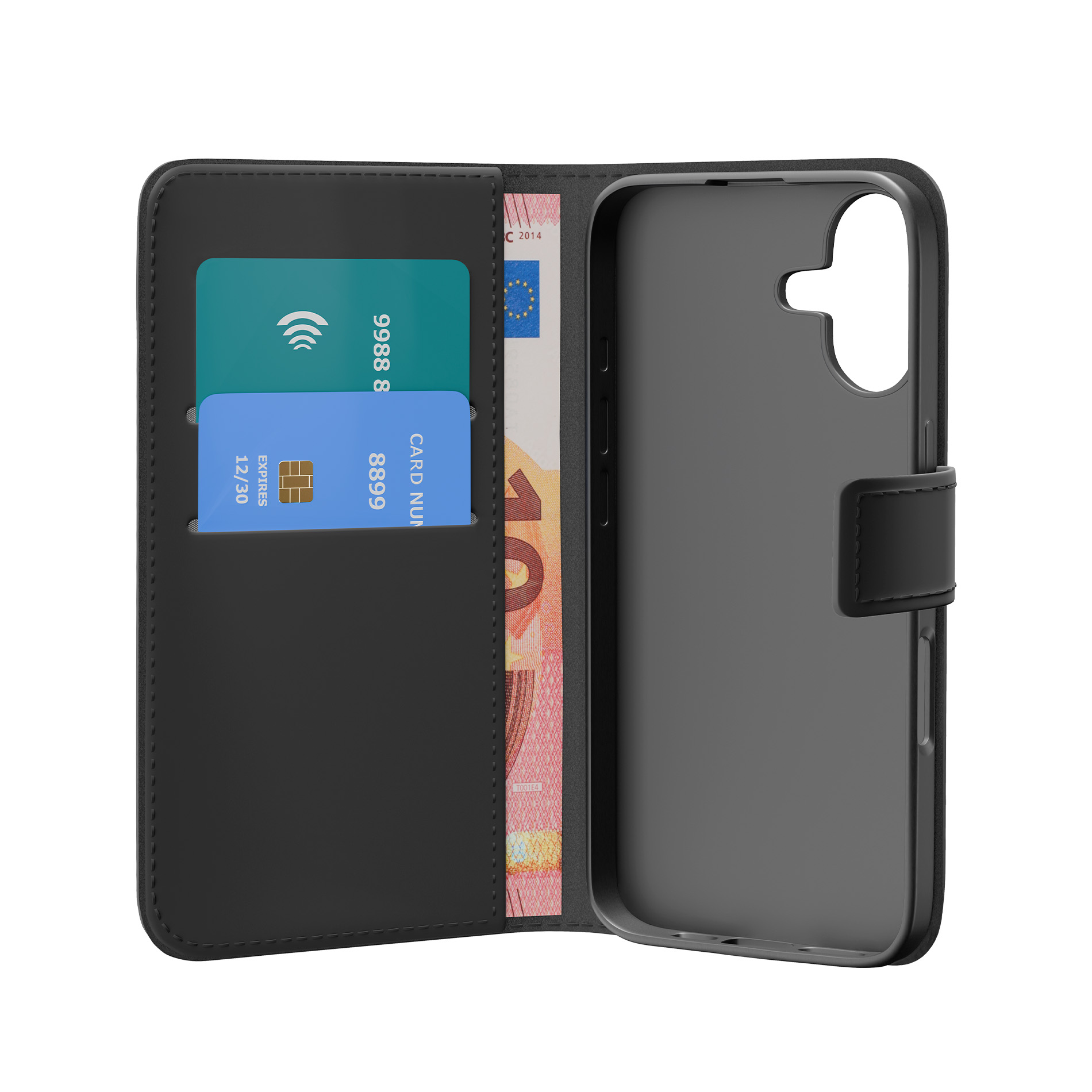Portafoglio nero con due carte e banconote.