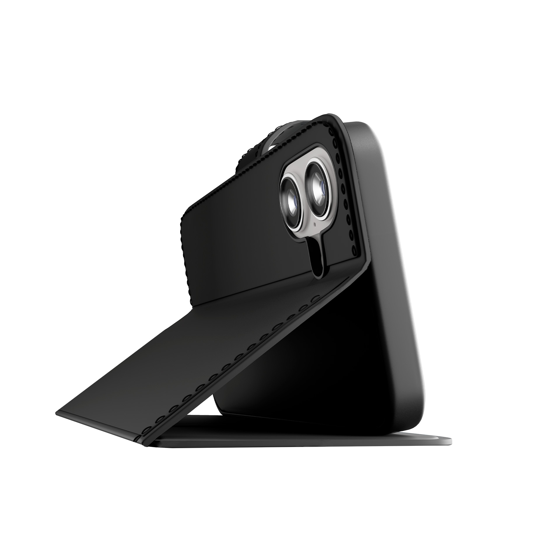 Un telefono nero con custodia a libro che funge da supporto.