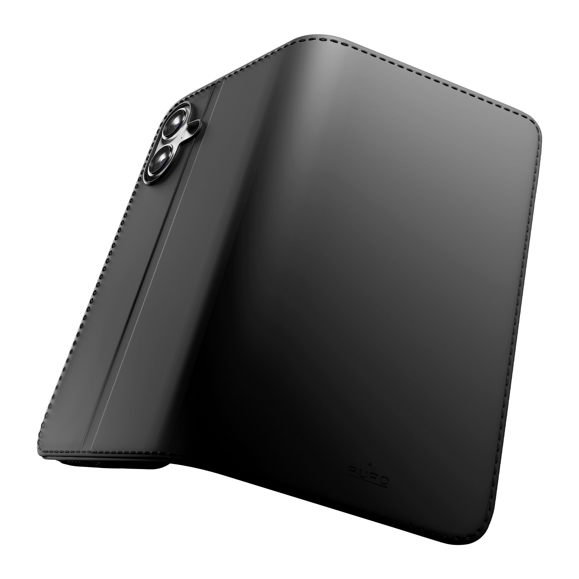 Custodia a libro in pelle nera per smartphone, con cuciture e tre fotocamere.