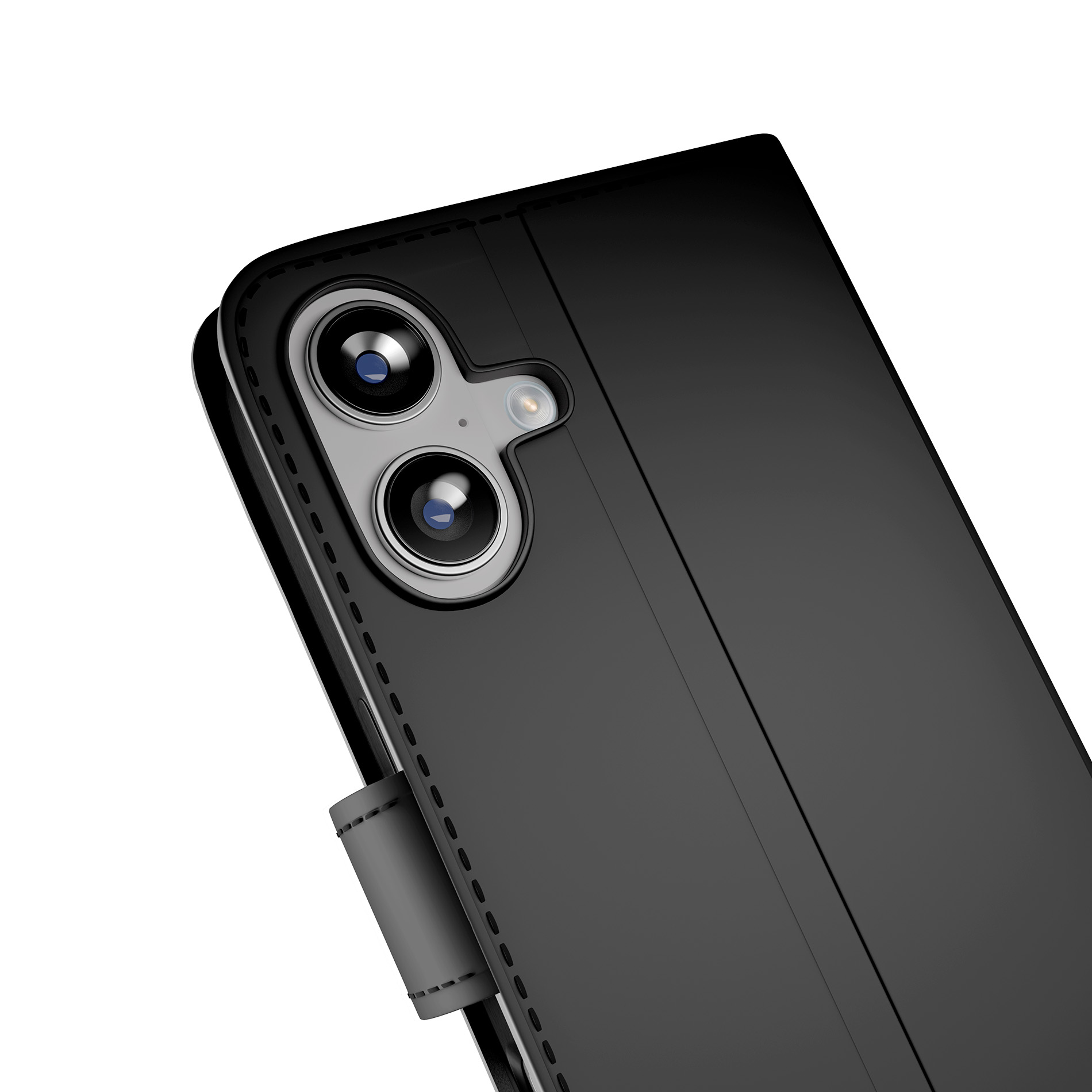 Custodia nera per telefono con due obiettivi e flash. Vista ravvicinata.