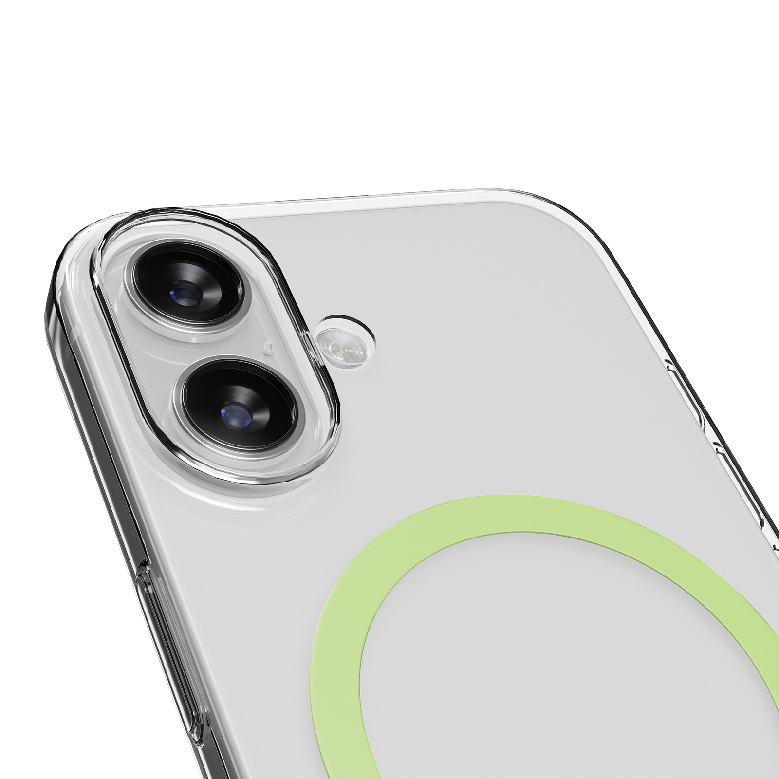 Rückseite eines transparenten Handyhülle mit grüner Ladefläche und zwei Kameralinsen.