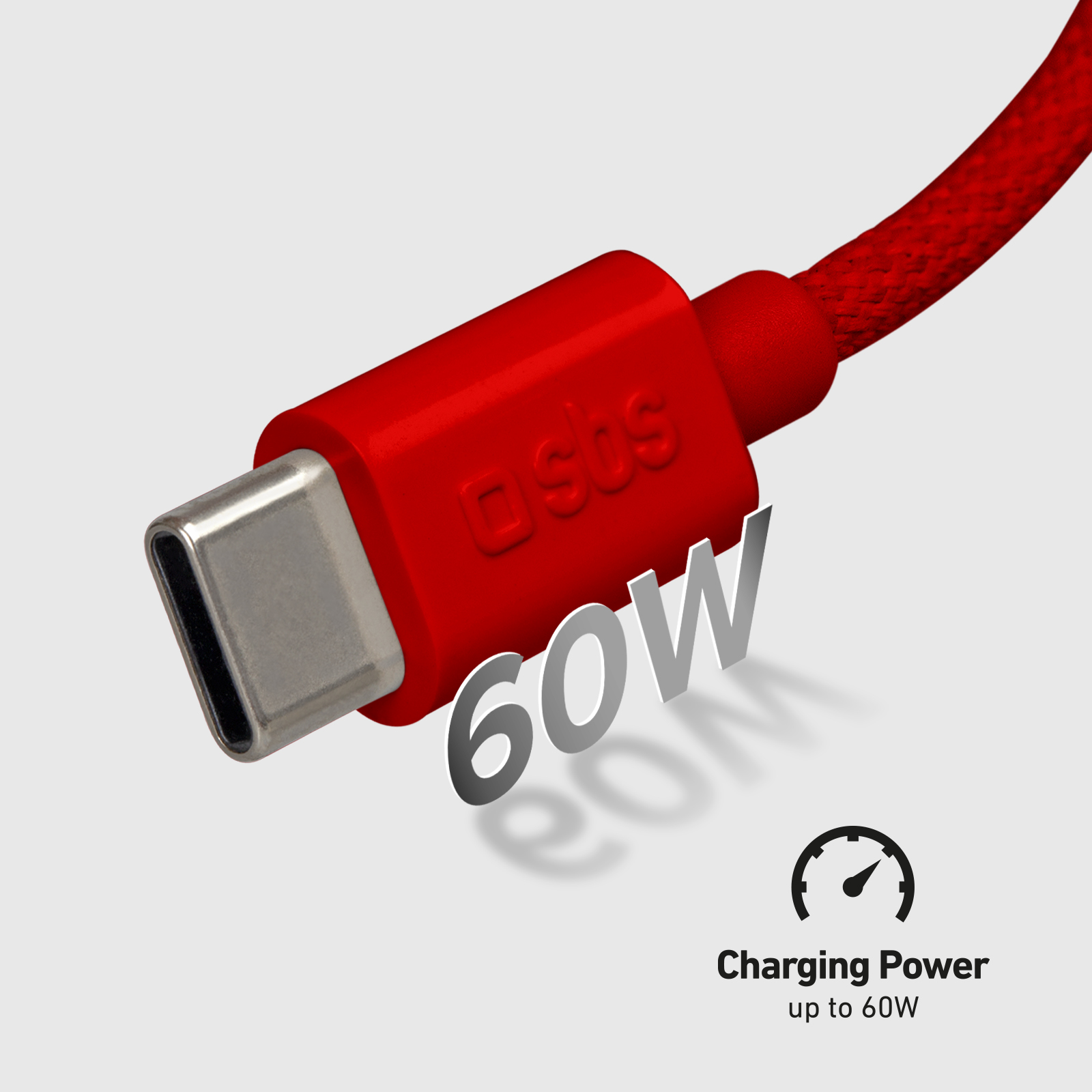 Cable USB-C rojo con potencia de carga de 60W y logo SBS.