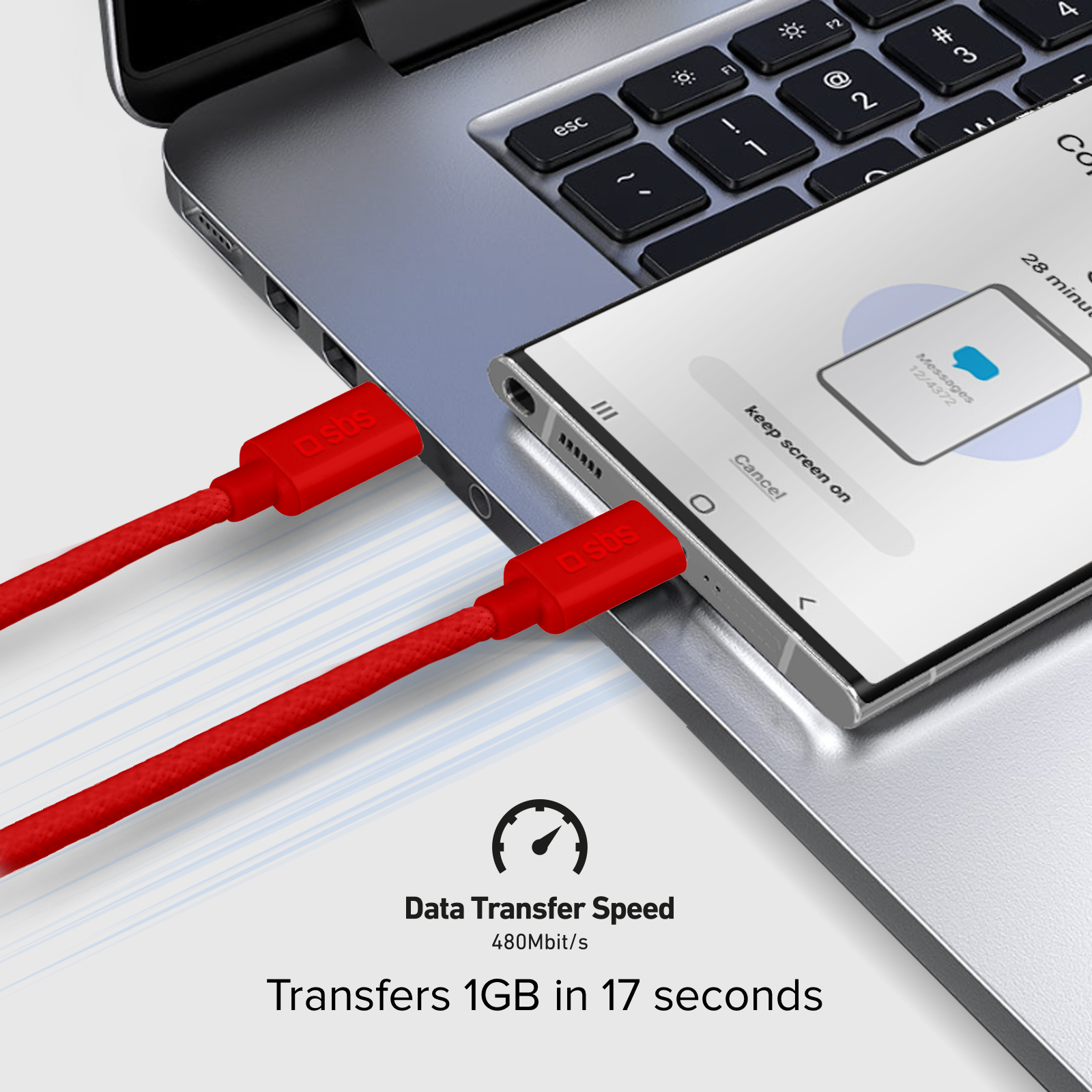 Un cable USB-C rojo conecta un portátil a un smartphone, con texto que indica una velocidad de transferencia de datos de 480 Mbit/s.