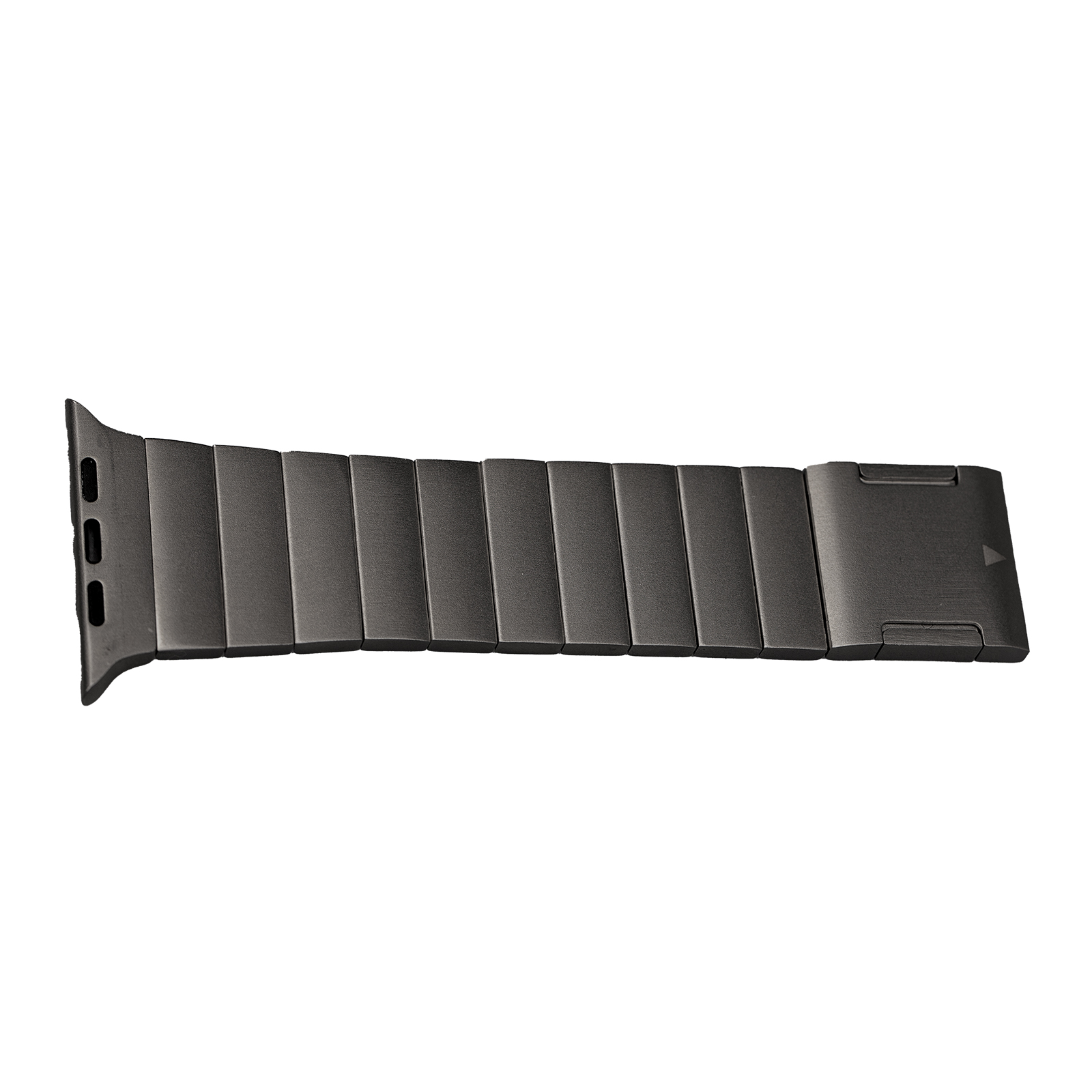 Correa de metal gris oscuro para reloj con eslabones segmentados y cierre.