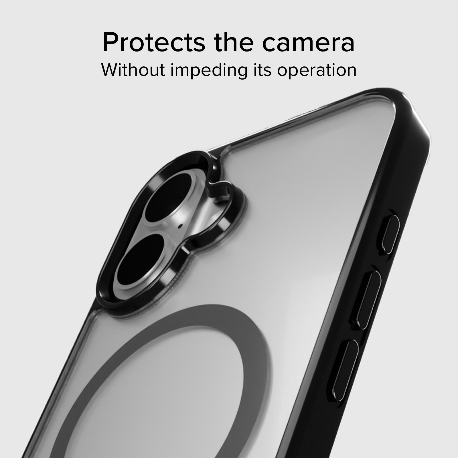 Custodia trasparente per telefono con bordi neri, mostra protezione rialzata per fotocamera.