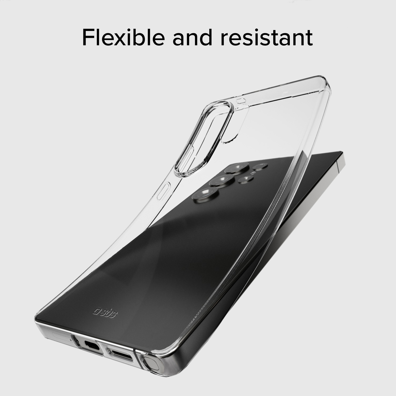 Custodia trasparente per telefono su smartphone nero con lenti della fotocamera.