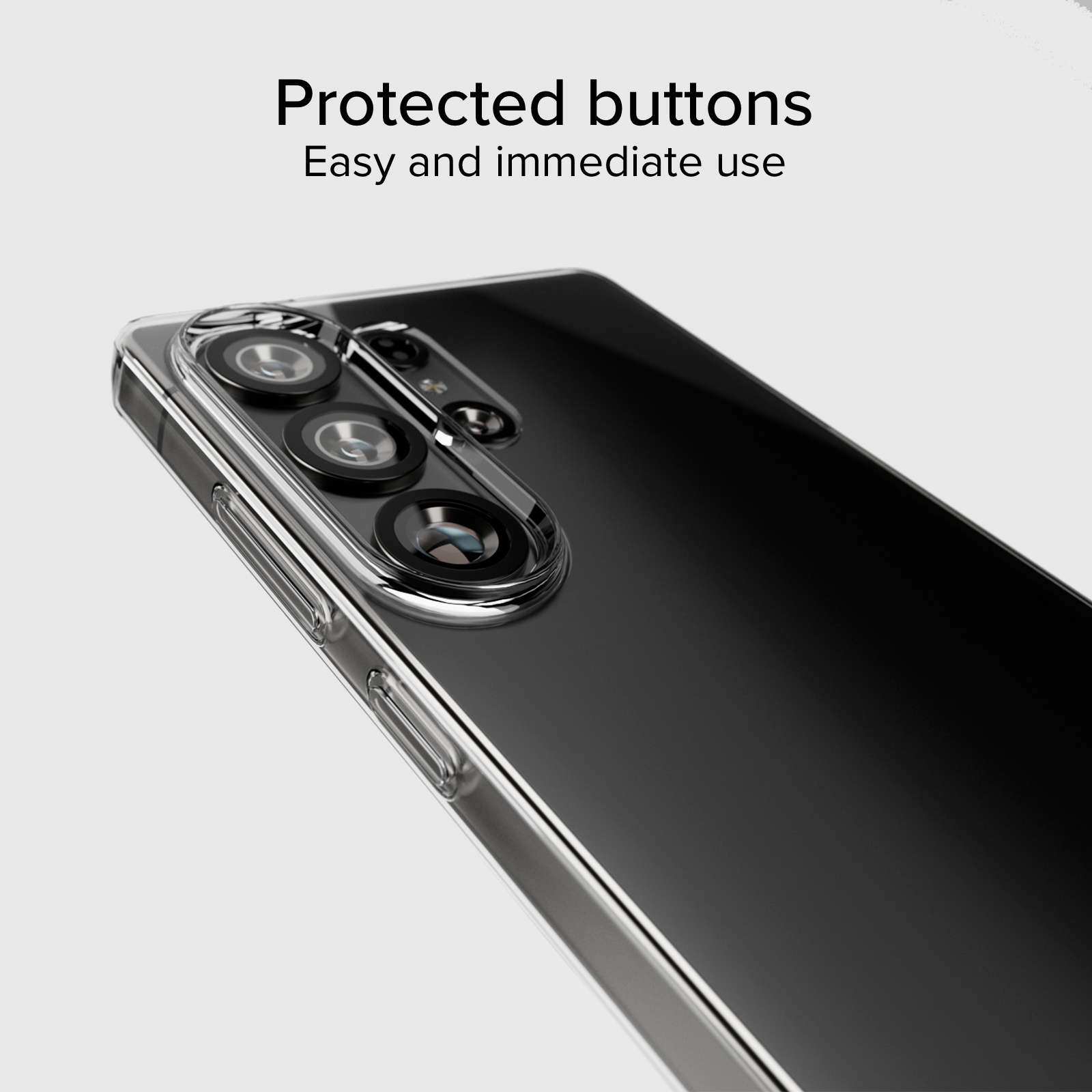 Custodia trasparente per telefono con ritaglio fotocamera e pulsanti visibili.